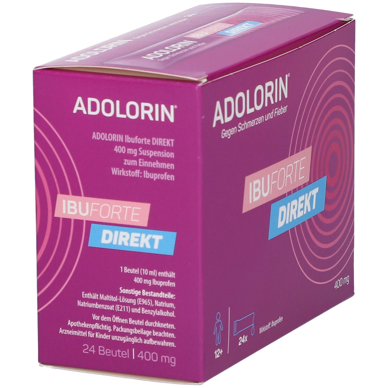 ADOLORIN IBUFORTE DIREKT 400 mg Schachtel. Produktinformationen auf der Seite. 24 Beutel, 12+ Altersangabe.