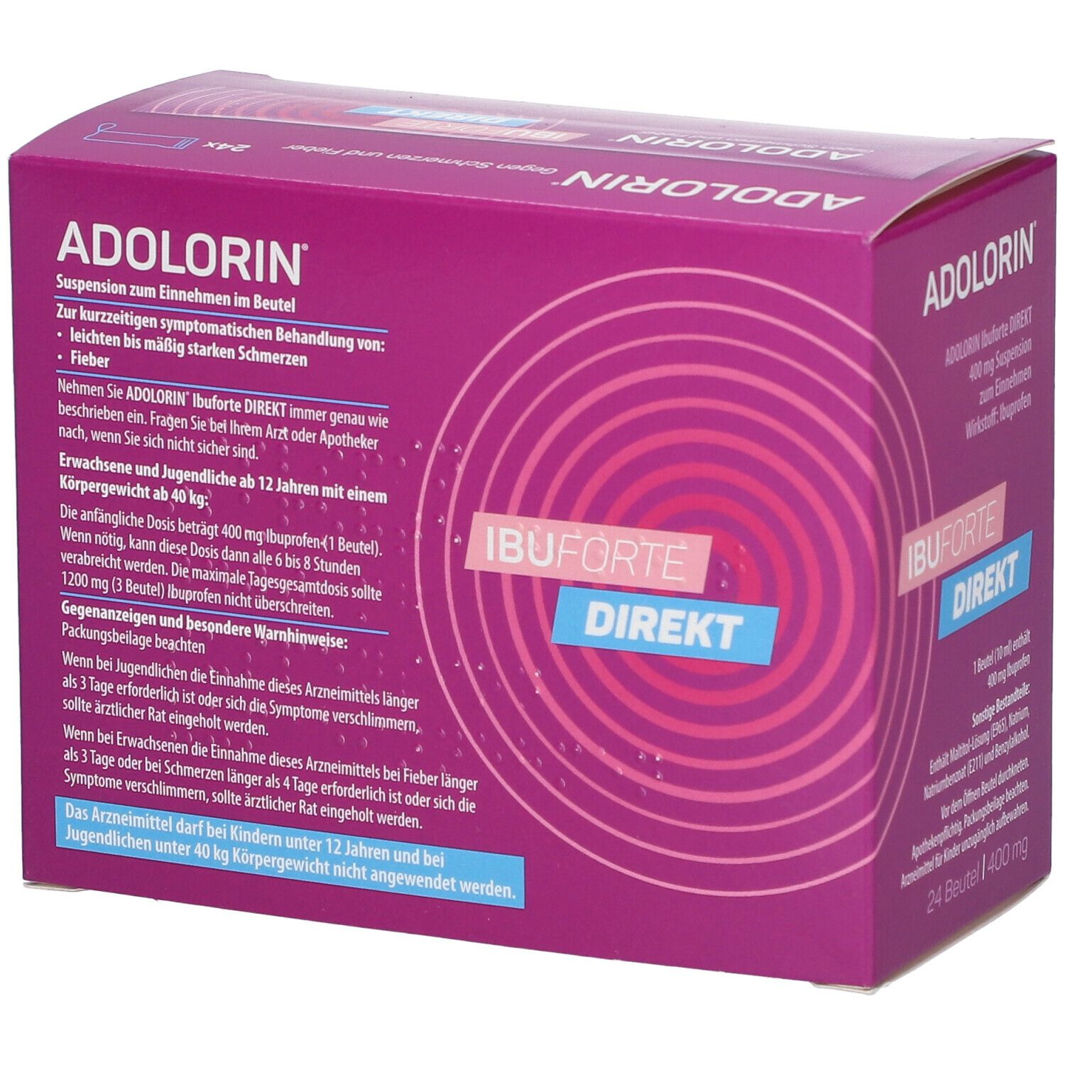 ADOLORIN IBUFORTE DIREKT 400 mg Schachtel. Rückseite mit Produktinformationen. 24 Beutel, 12+ Altersangabe.