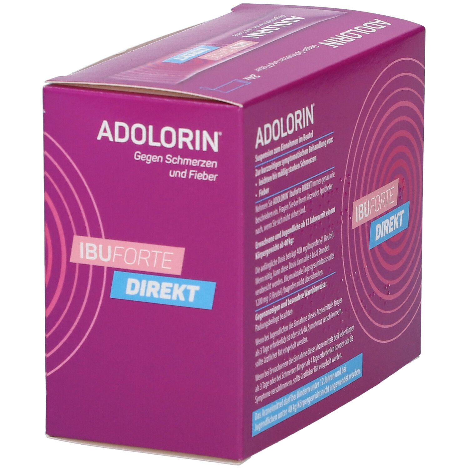 ADOLORIN IBUFORTE DIREKT 400 mg Schachtel. Seitenansicht mit Produktinformationen. 24 Beutel, 12+ Altersangabe.