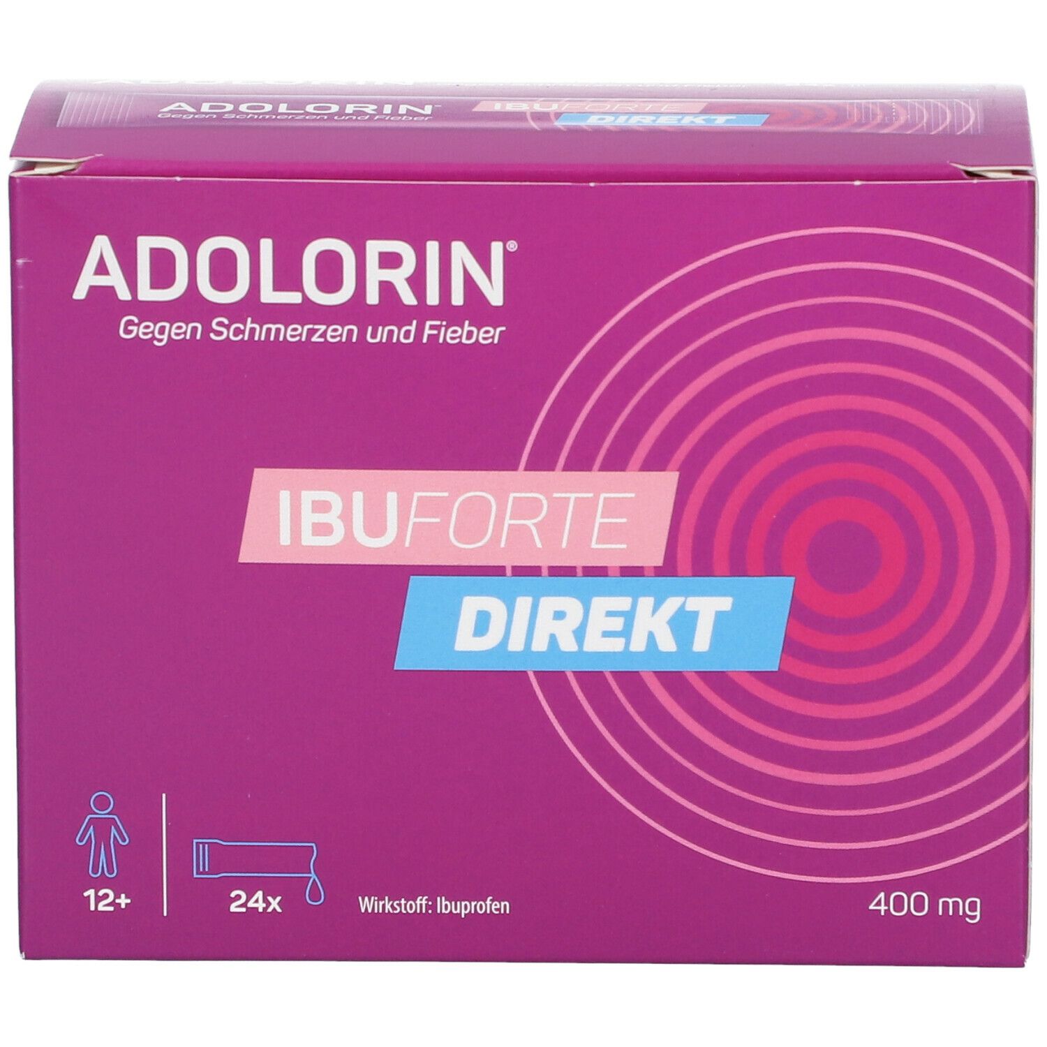 ADOLORIN IBUFORTE DIREKT 400 mg. Lila Schachtel mit Produktnamen und Angaben. 24 Beutel, 12+ Altersangabe.
