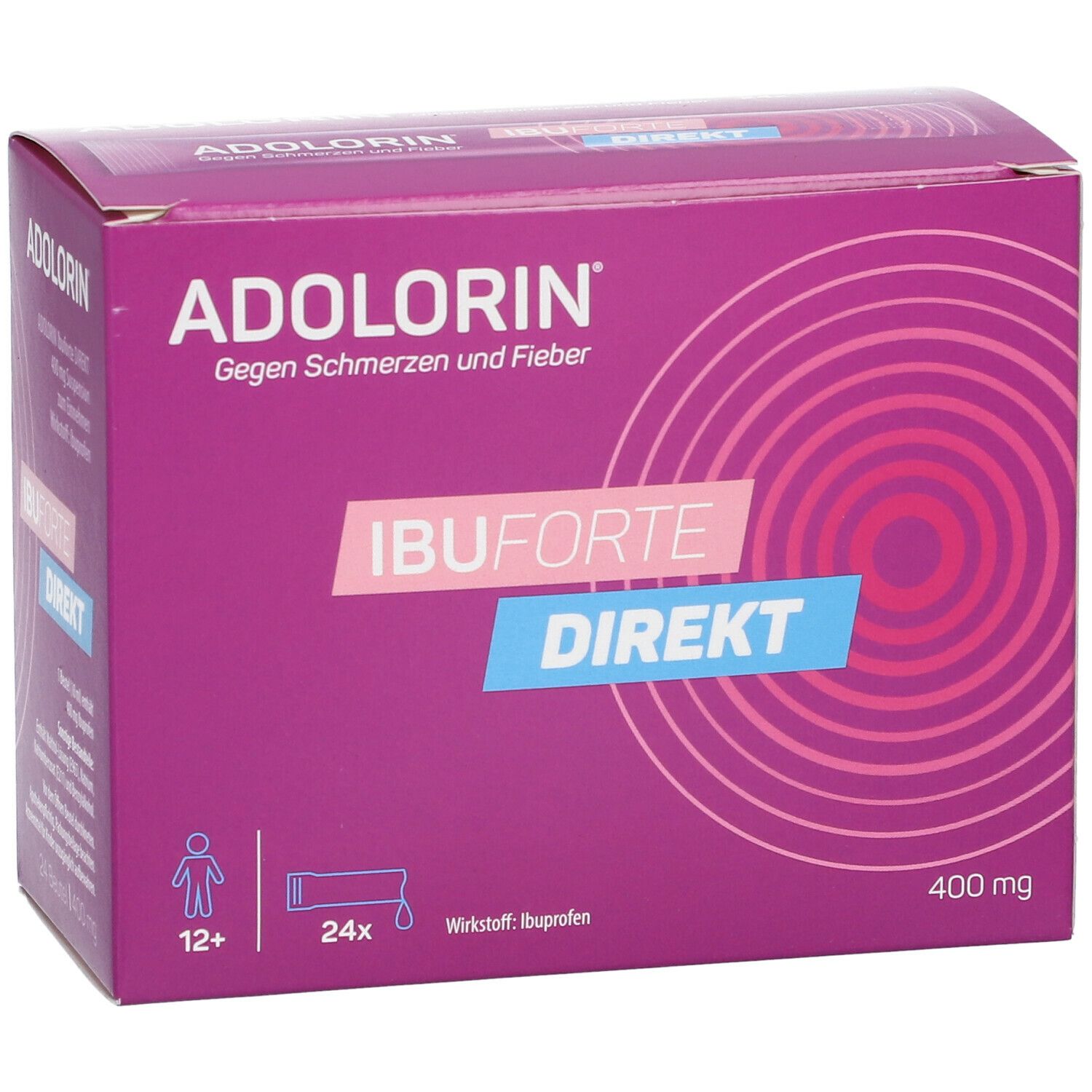 ADOLORIN IBUFORTE DIREKT 400 mg. Lila Schachtel mit Produktnamen und Angaben. 24 Beutel, 12+ Altersangabe.