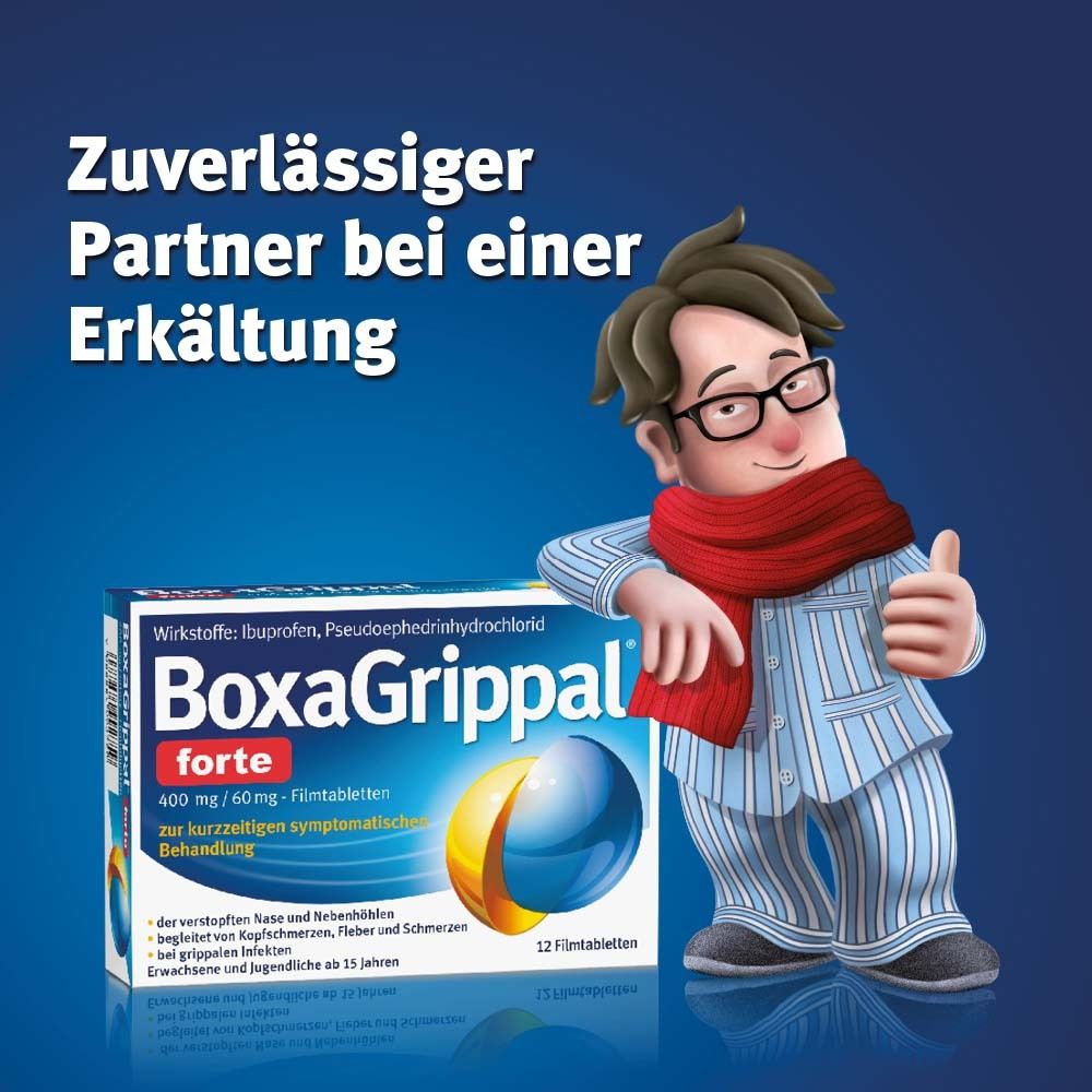 Mann mit Schal und Brille neben BoxaGrippal forte Packung. Text: Zuverlässiger Partner bei Erkältung.