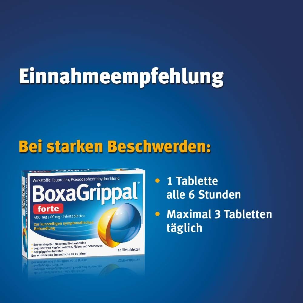 Einnahmeempfehlung: Bei starken Beschwerden: 1 Tablette alle 6 Stunden, maximal 3 Tabletten täglich. BoxaGrippal forte.