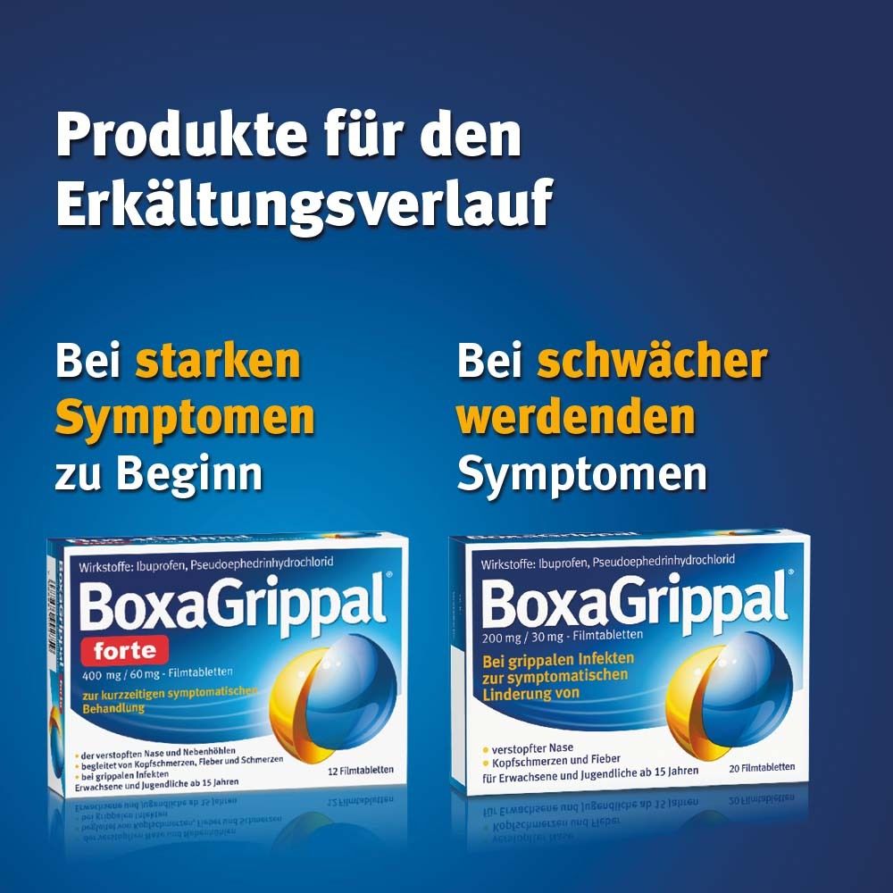 Produkte für den Erkältungsverlauf. BoxaGrippal forte und BoxaGrippal. Bei starken Symptomen und schwächer werdenden Symptomen.