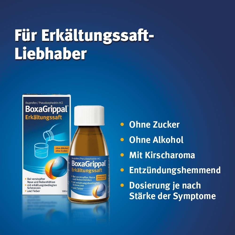 BoxaGrippal Erkältungssaft. Ohne Zucker, Alkohol. Mit Kirschgeschmack. Entzündungshemmend. Dosierung je nach Symptomen.
