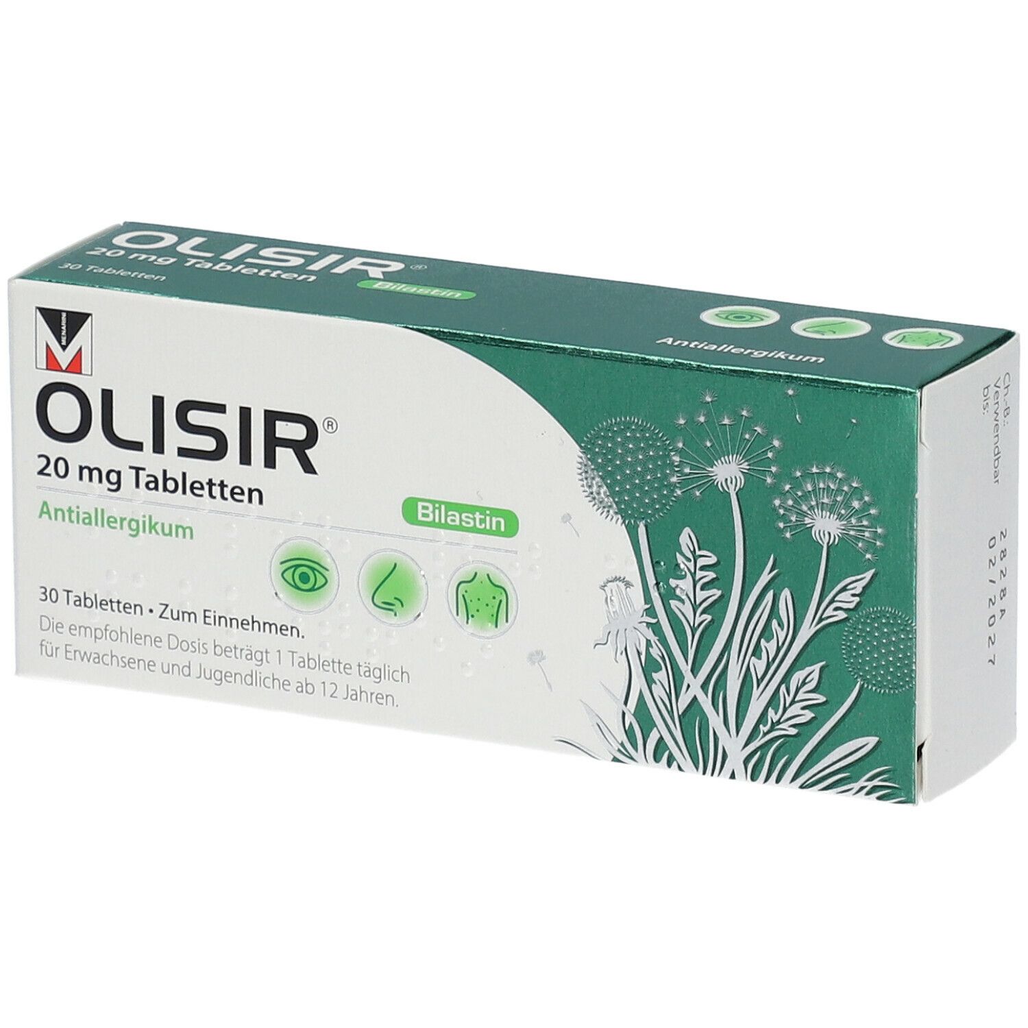 Olisir 20 mg Tabletten-Packung. Grün-weiße Schachtel mit Produktnamen, Dosierung und Piktogrammen. 30 Tabletten.