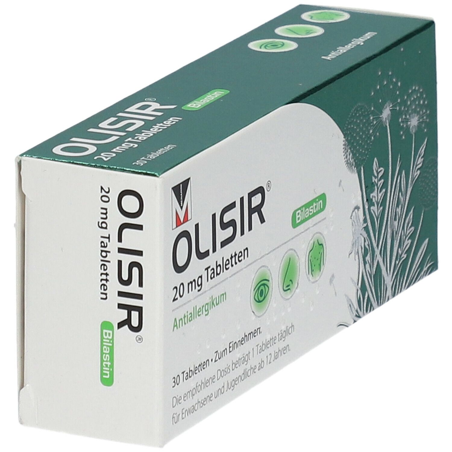 Olisir 20 mg Tabletten-Packung, schräg. Grün-weiße Schachtel mit Produktnamen, Dosierung und Piktogrammen.