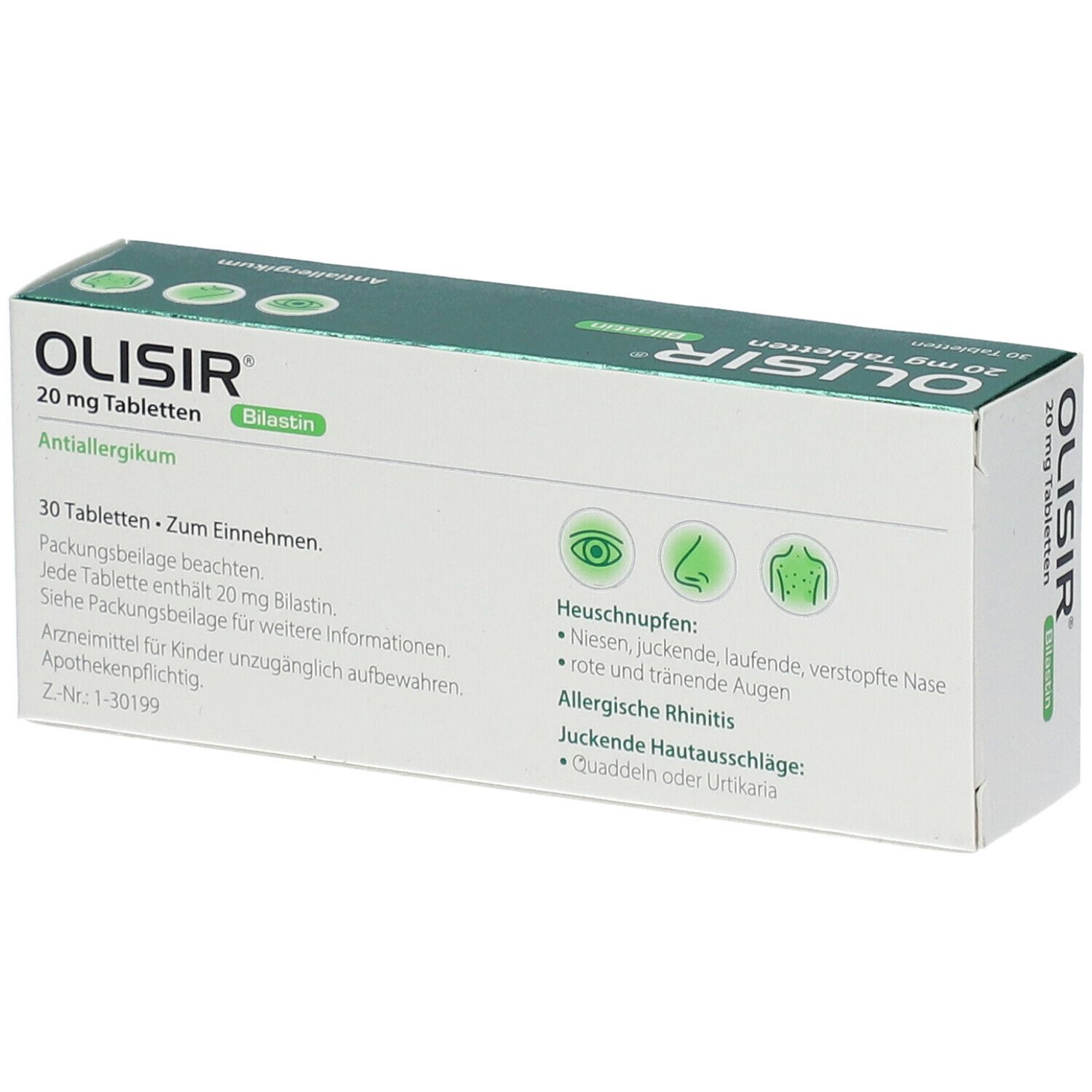 Olisir 20 mg Tabletten-Packung, Rückseite. Grün-weiße Schachtel mit Produktinformationen und Piktogrammen.