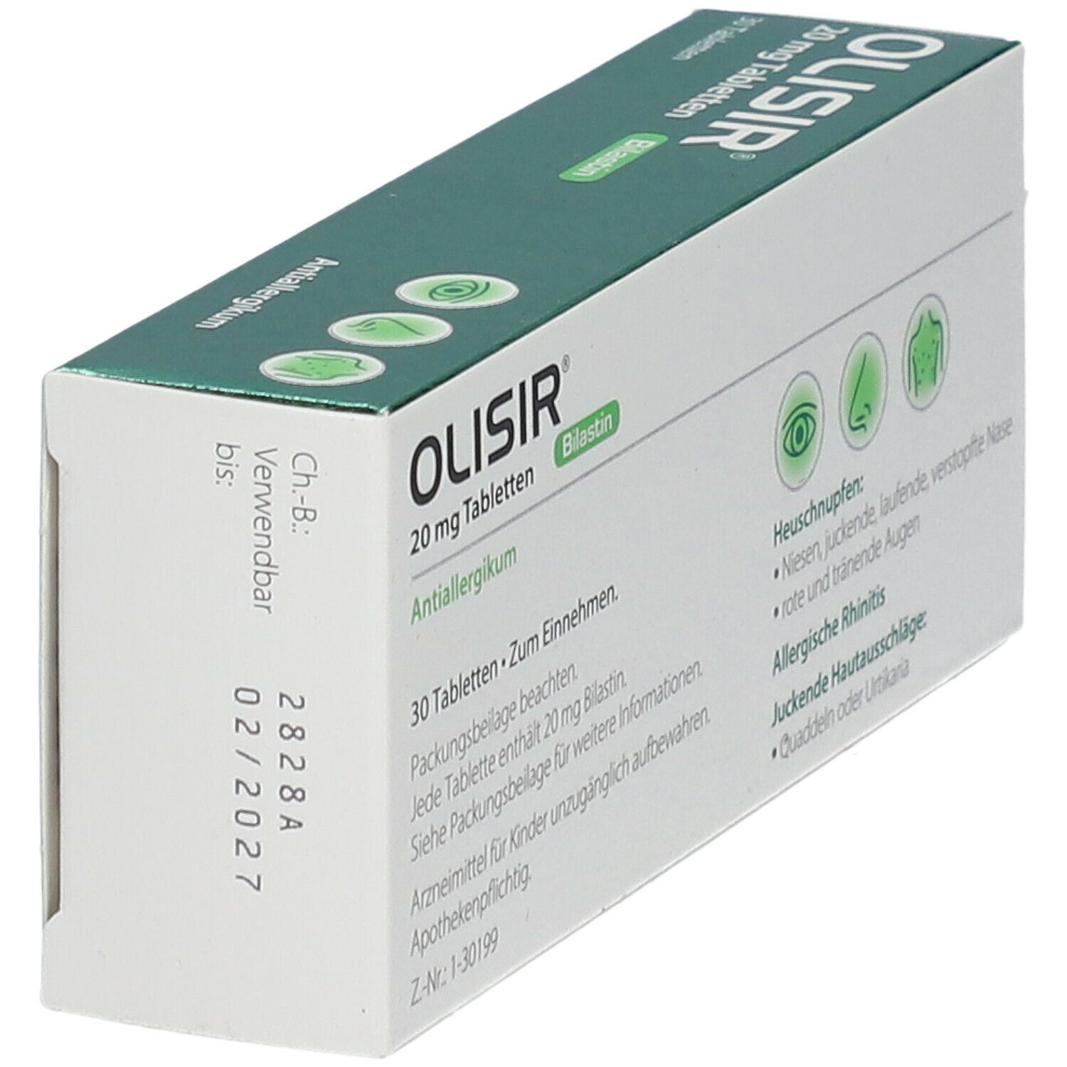 Olisir 20 mg Tabletten-Packung, schräg, Rückseite. Grün-weiße Schachtel mit Produktinformationen und Verfallsdatum.