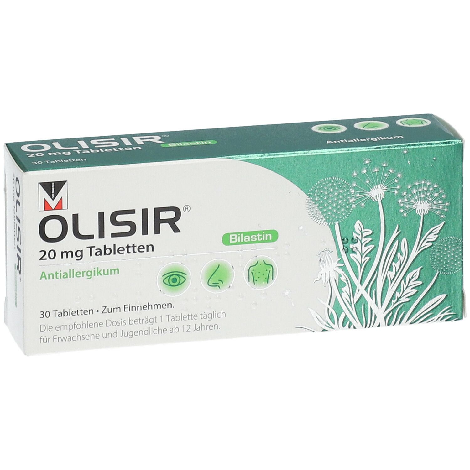 Olisir 20 mg Tabletten-Packung. Grün-weiße Schachtel mit Produktnamen, Dosierung und Piktogrammen. 30 Tabletten.