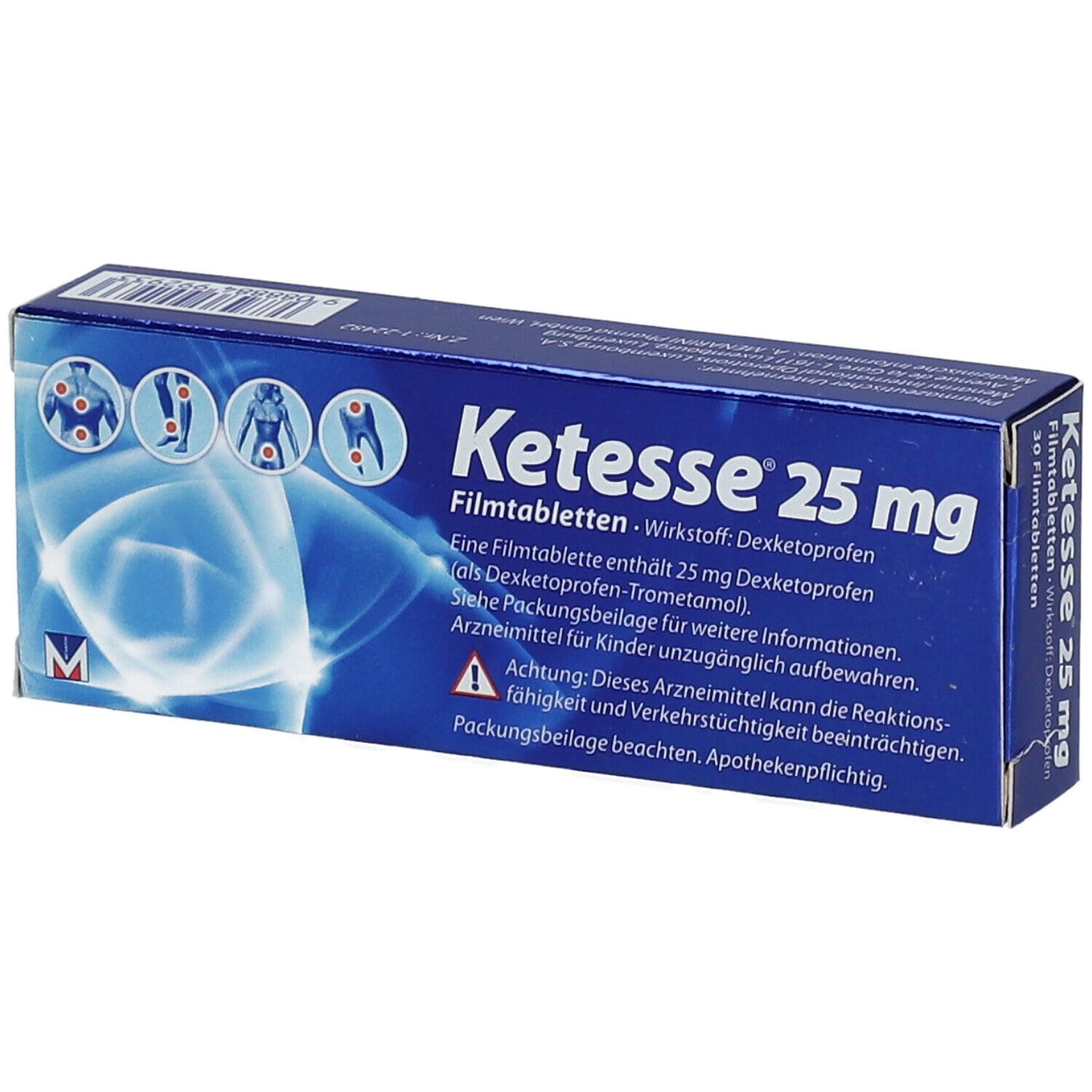 Blaue Schachtel "Ketesse 25 mg Filmtabletten". Enthält 25 mg Dexketoprofen. Warnhinweis. Apothekenpflichtig.