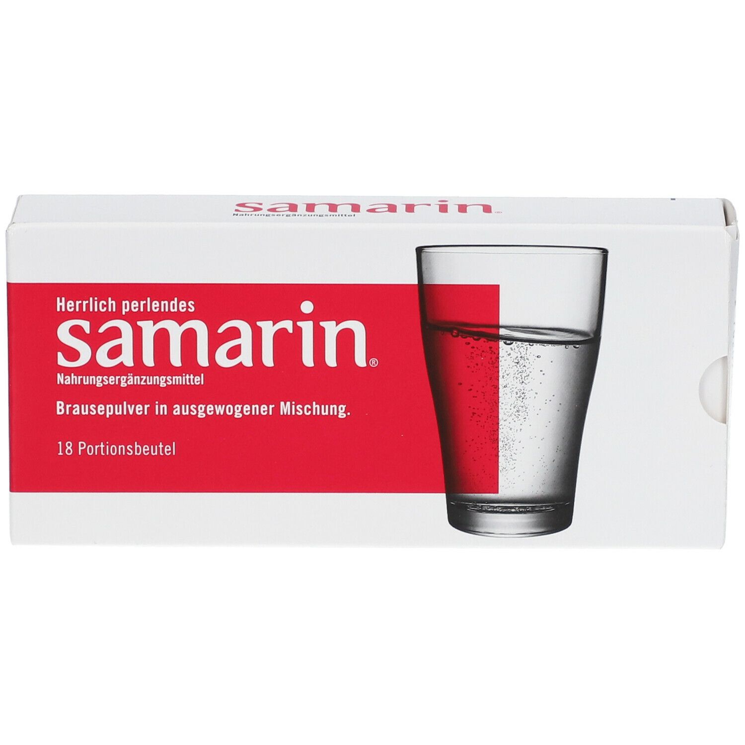 Boîte blanche avec zone rouge et nom samarin. Verre avec liquide représenté. 18 sachets.