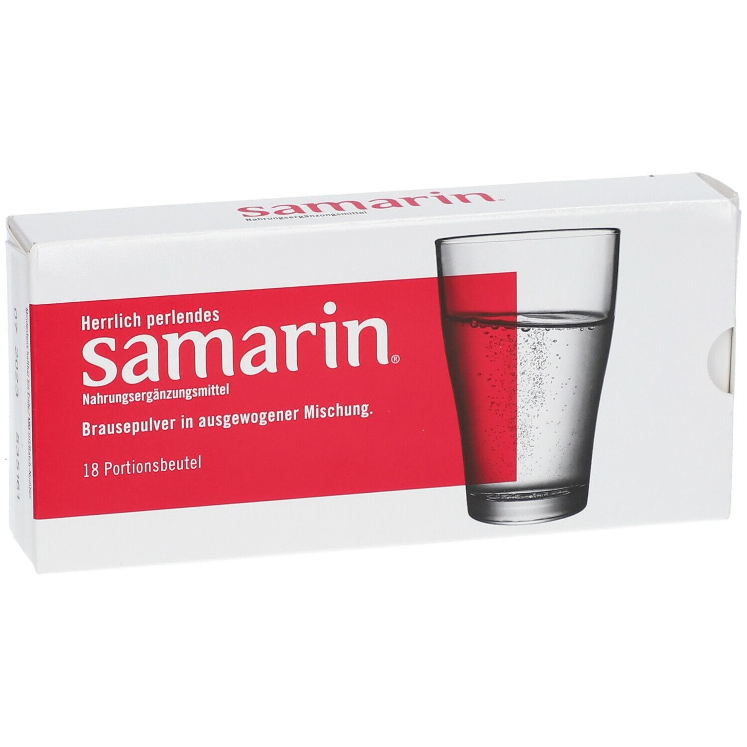 Boîte blanche avec zone rouge et nom samarin. Verre avec liquide représenté. 18 sachets.
