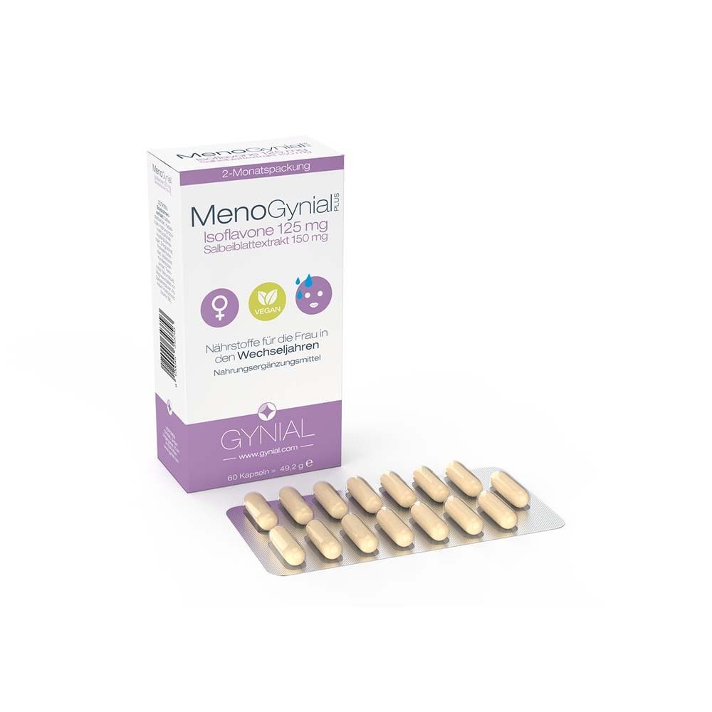 MenoGynial PLUS-Verpackung und Blisterpackung mit Kapseln. Weiß-lila Karton mit Produktnamen und Logos. 60 Kapseln.