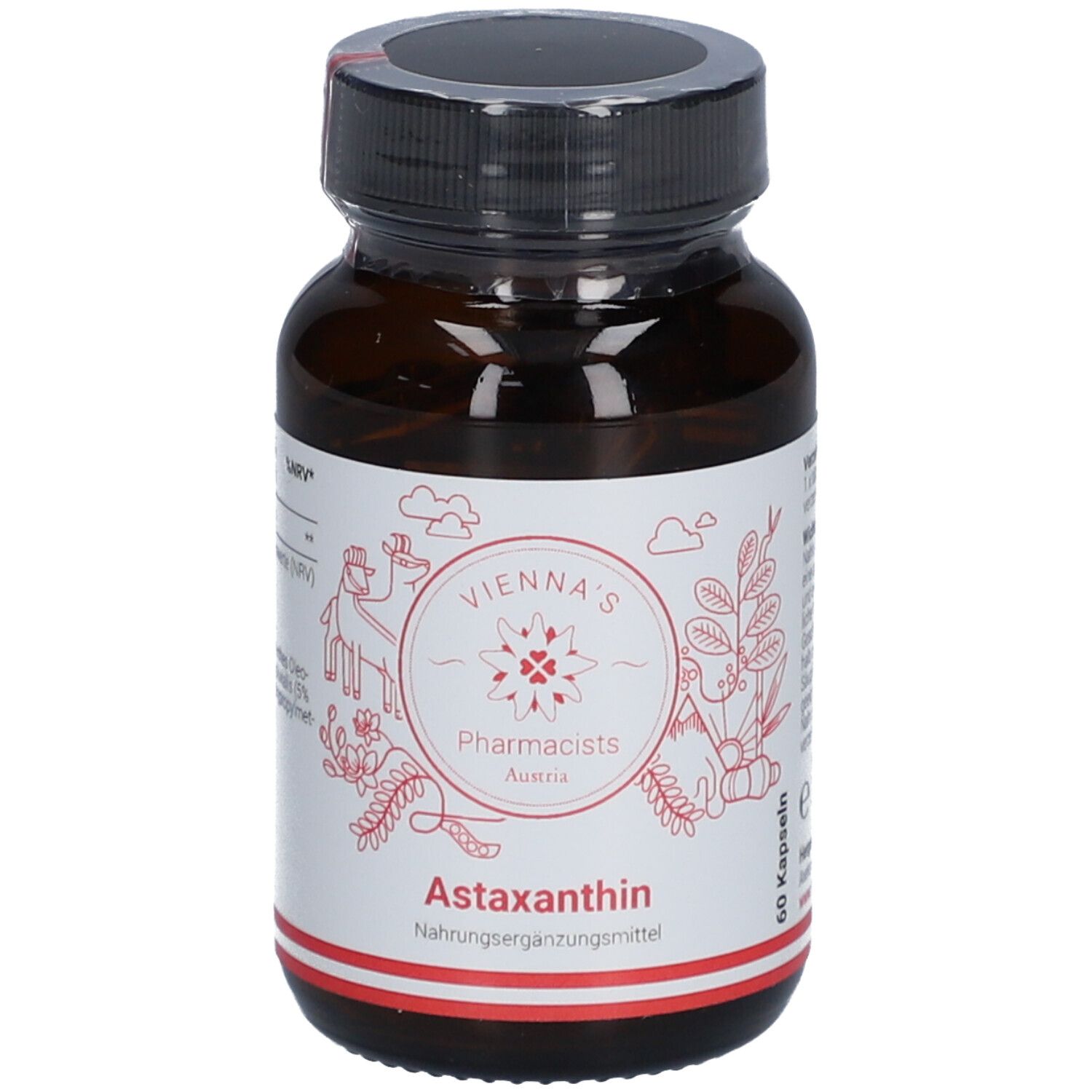 Braune Glasflasche mit schwarzen Deckel. Aufkleber mit roter Schrift: VIENNA'S Pharmacists Astaxanthin, 60 Kapseln.
