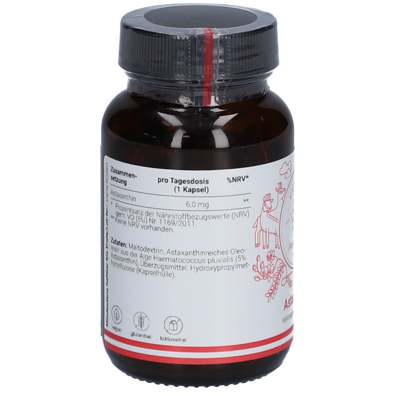 Rückseite der braunen Glasflasche. Aufkleber mit Inhaltsstoffen und Nährwertangaben. Vegan, glutenfrei, laktosefrei.