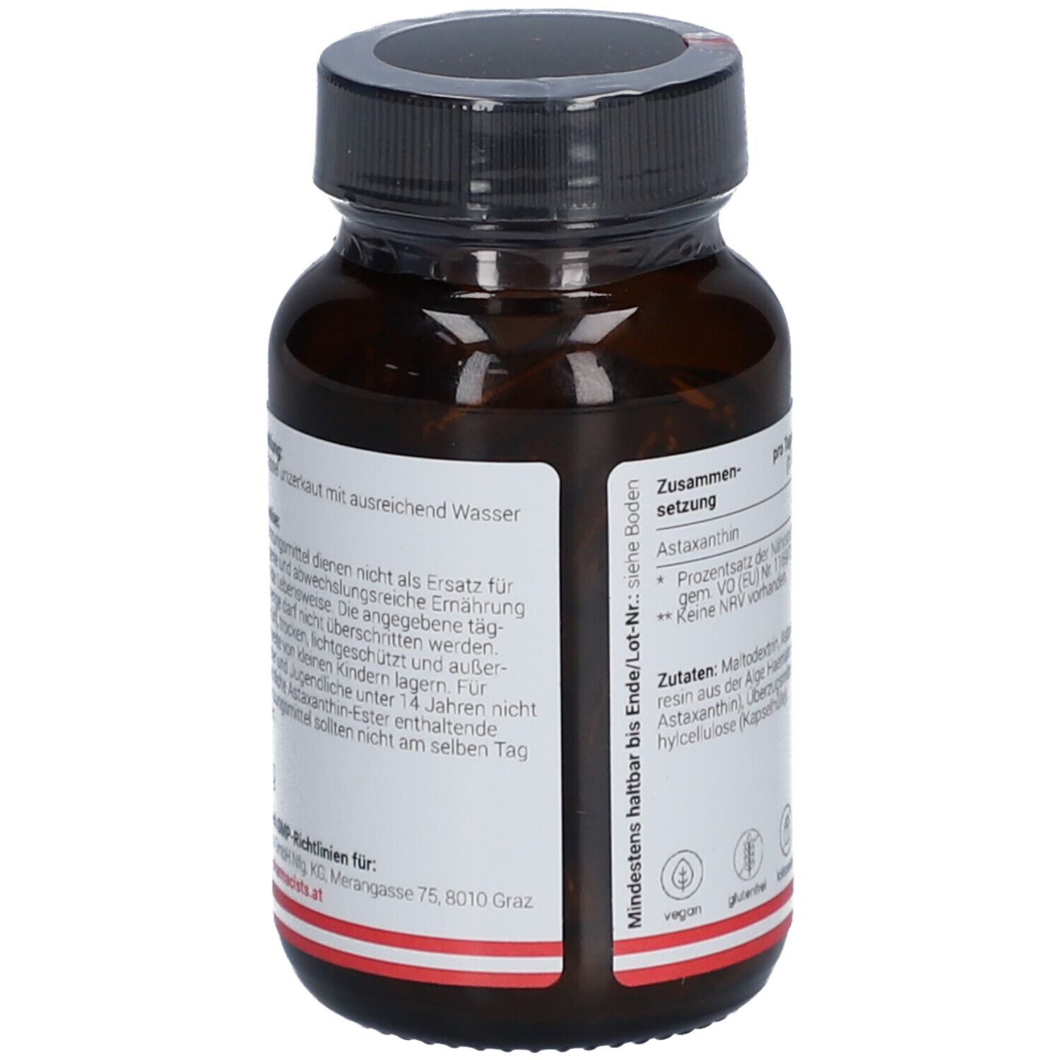 Rückseite der braunen Glasflasche. Aufkleber mit Text, Mindesthaltbarkeitsdatum. Vegan, glutenfrei, laktosefrei.