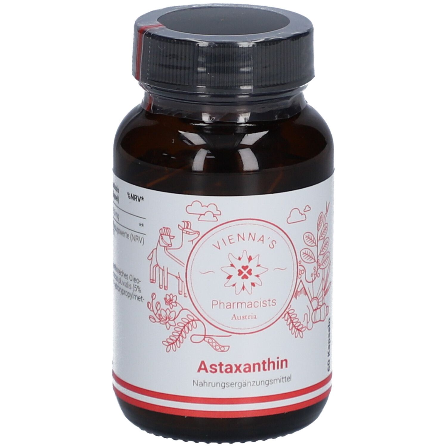 Braune Glasflasche mit schwarzem Deckel. Aufkleber mit roter Schrift: VIENNA'S Pharmacists Astaxanthin.