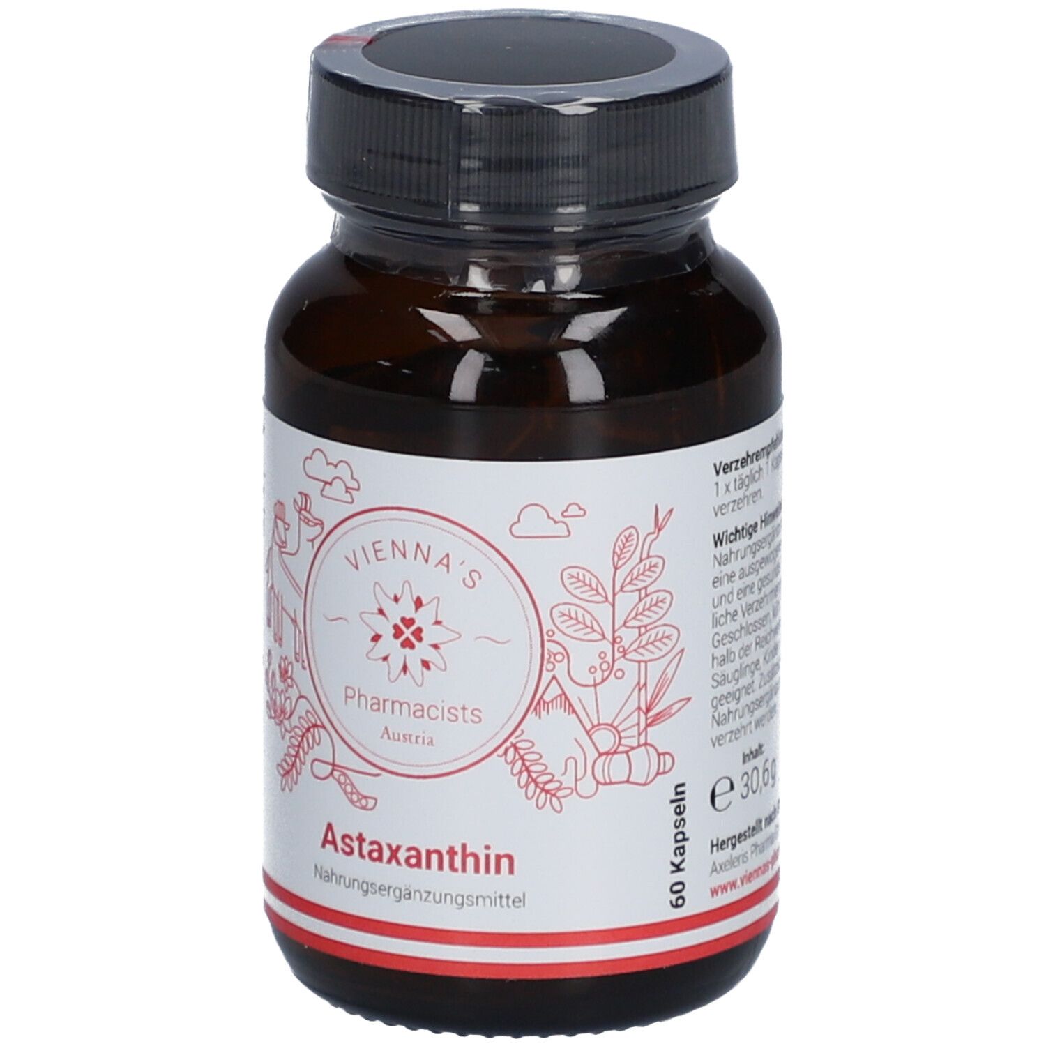 Braune Glasflasche mit schwarzem Deckel. Aufkleber mit roter Schrift: VIENNA'S Pharmacists Astaxanthin, 60 Kapseln.