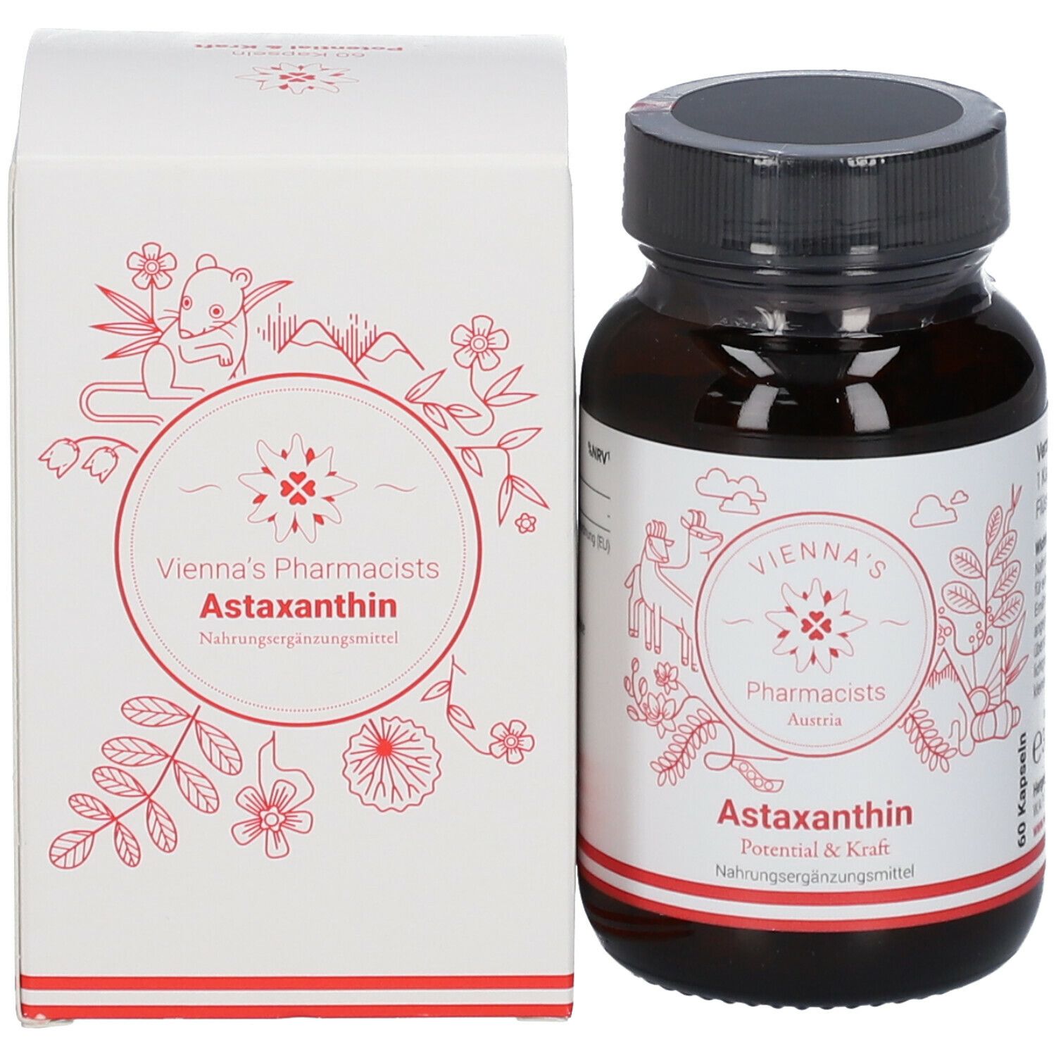 Braune Glasflasche und weiße Schachtel. Aufkleber mit roter Schrift: VIENNA'S Pharmacists Astaxanthin, 60 Kapseln.
