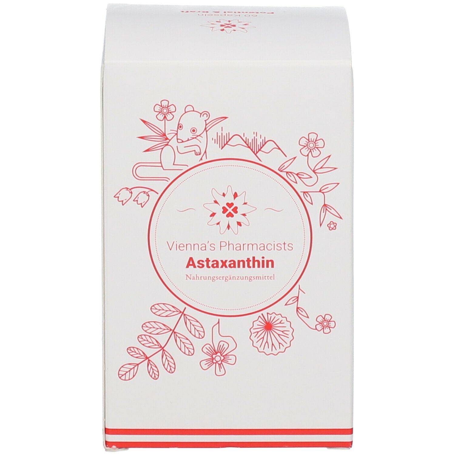 Weiße Schachtel mit roter Schrift: VIENNA'S Pharmacists Astaxanthin. Abbildung mit floralen Elementen.