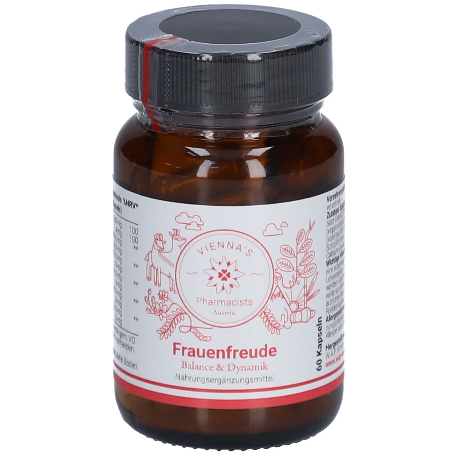 Braune Glasflasche mit schwarzen Deckel. Etikett mit "VIENNA'S Pharmacists Frauenfreude". Kapseln im Inneren sichtbar.