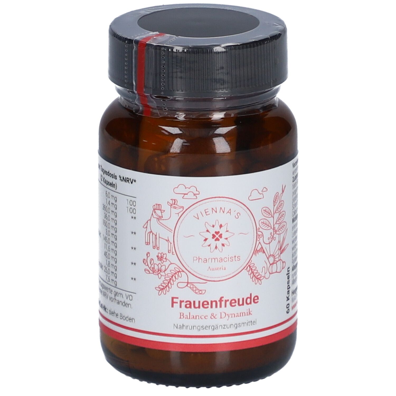Braune Flasche mit schwarzem Deckel. Etikett mit "VIENNA'S Pharmacists Frauenfreude". 60 Kapseln.