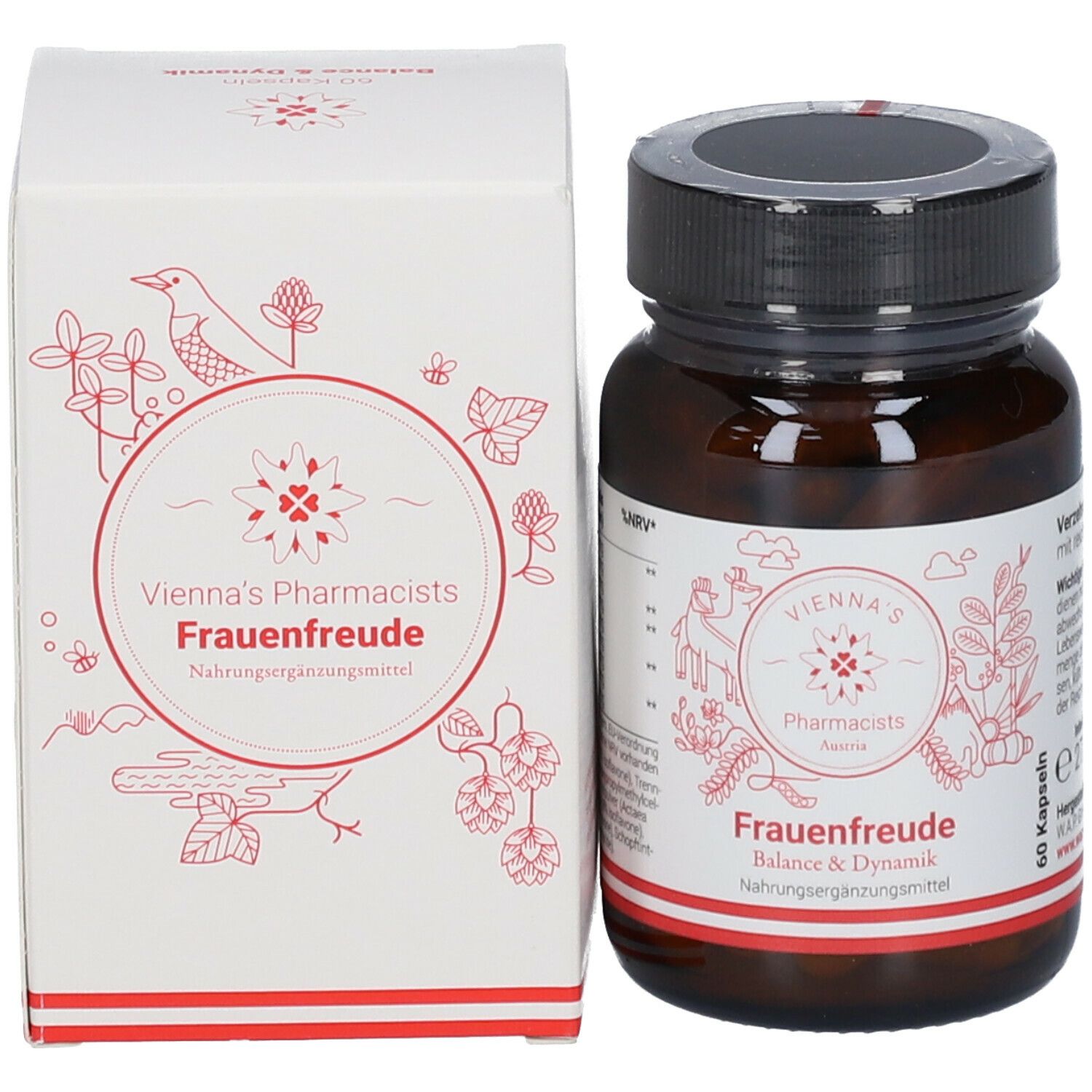 Produktflasche und Schachtel. Schachtel mit "VIENNA'S Pharmacists Frauenfreude". Flasche: 60 Kapseln.