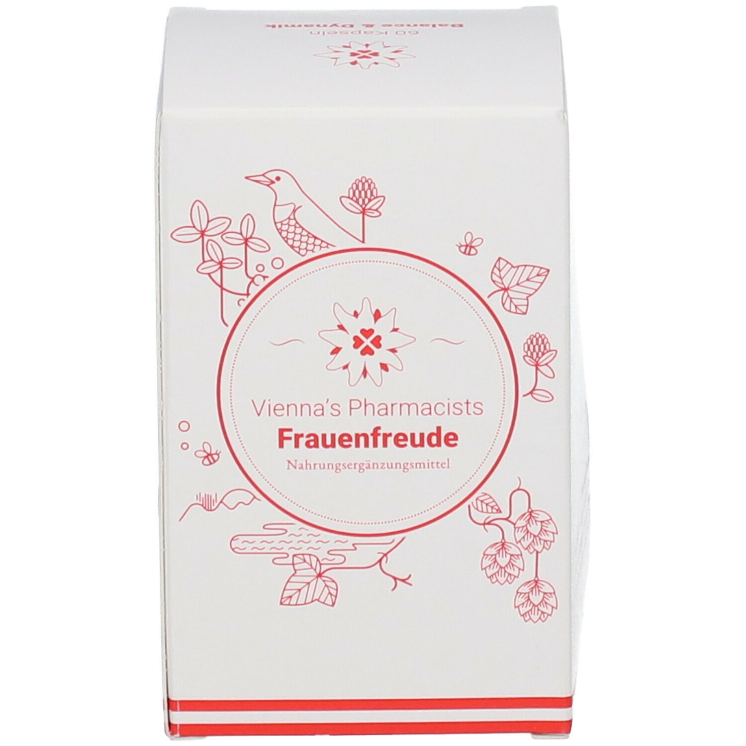 Weiße Schachtel mit rotem Logo und Text. "VIENNA'S Pharmacists Frauenfreude". Nahrungsergänzungsmittel.