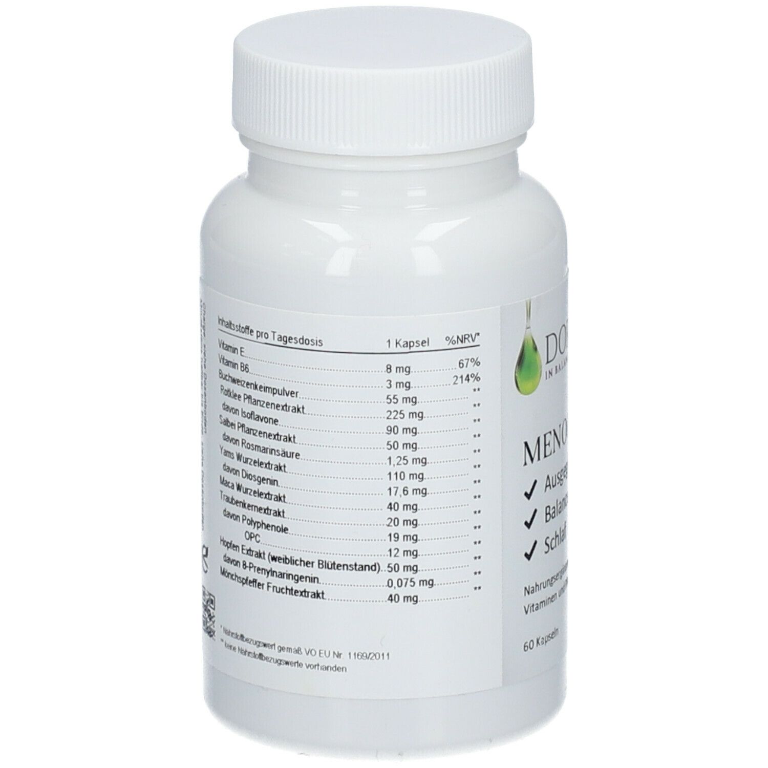 Rückseite der weißen Flasche. Zutatenliste pro Tagesdosis. Inhaltsstoffe: Vitamin E, B6, etc. 60 Kapseln.
