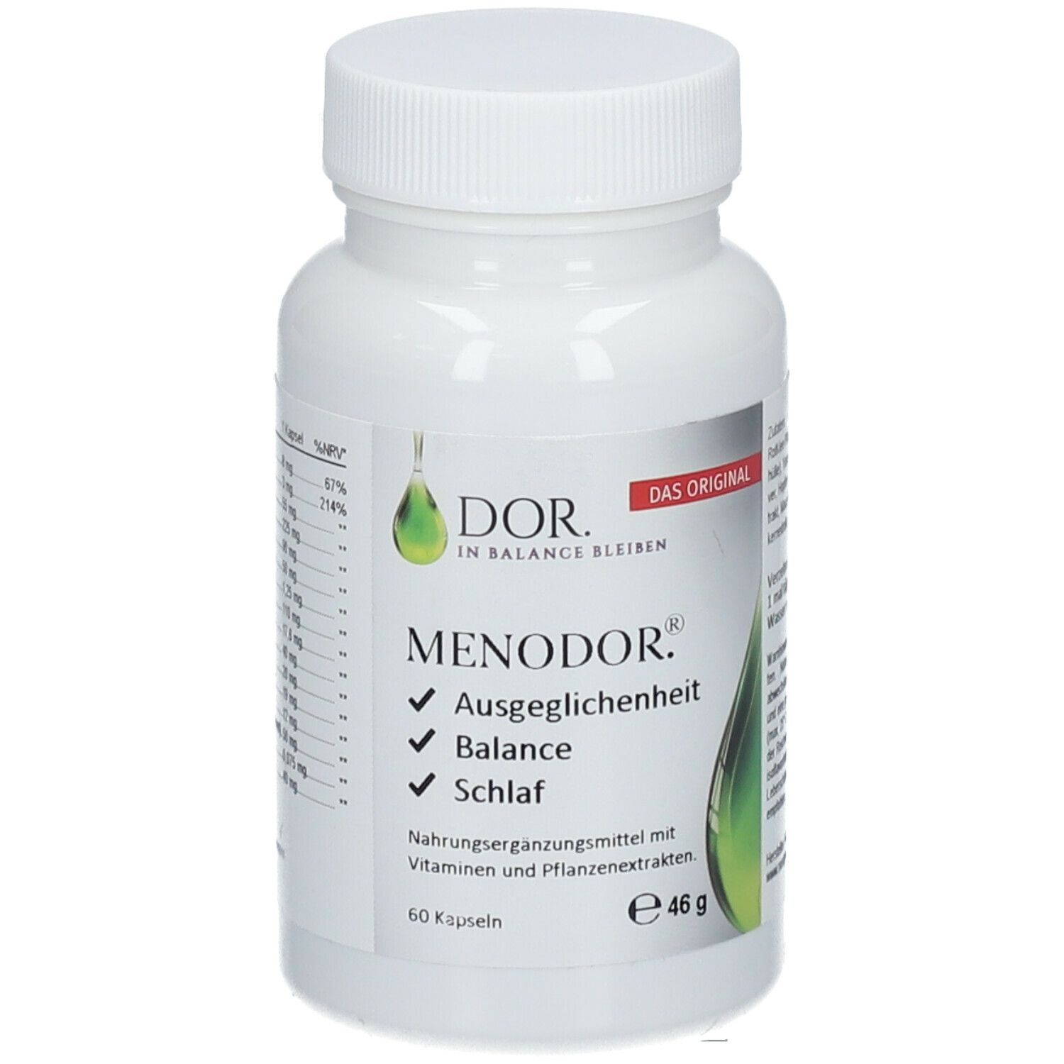 Weiße Flasche mit Kapseln. Aufschrift: DOR. MENODOR.® Ausgeglichenheit, Balance, Schlaf. 60 Kapseln, 46 g.