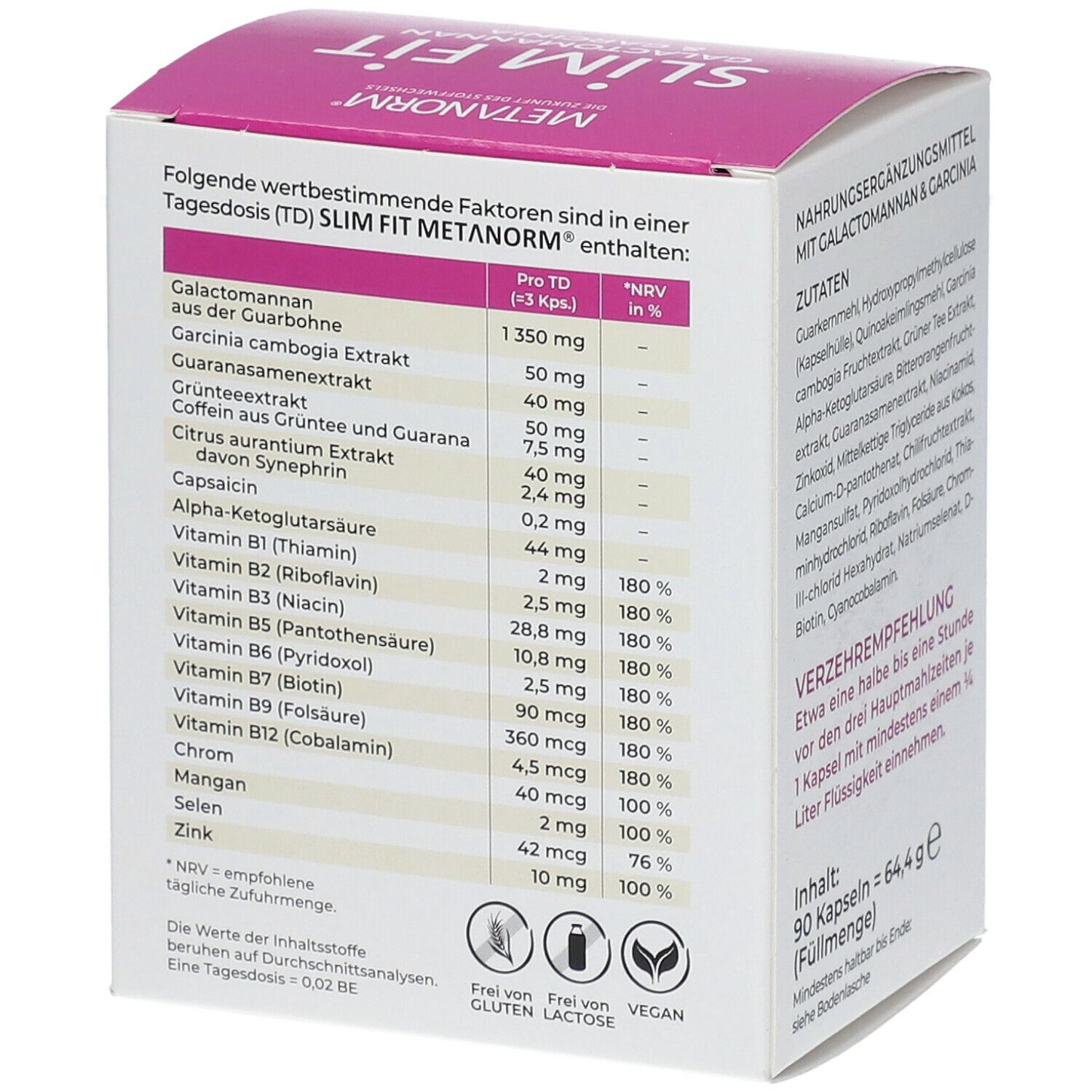 Seite der METANORM SLIM FIT-Verpackung. Enthält Nährwertangaben pro Tagesdosis. Frei von Gluten, Laktose und vegan.