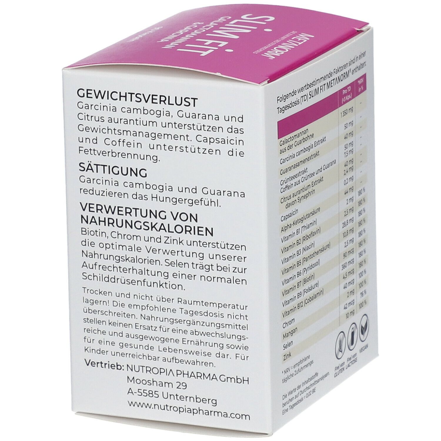 Seite der METANORM SLIM FIT-Verpackung. Enthält Informationen zu Gewichtsverlust, Sättigung und Nährwertverwertung.
