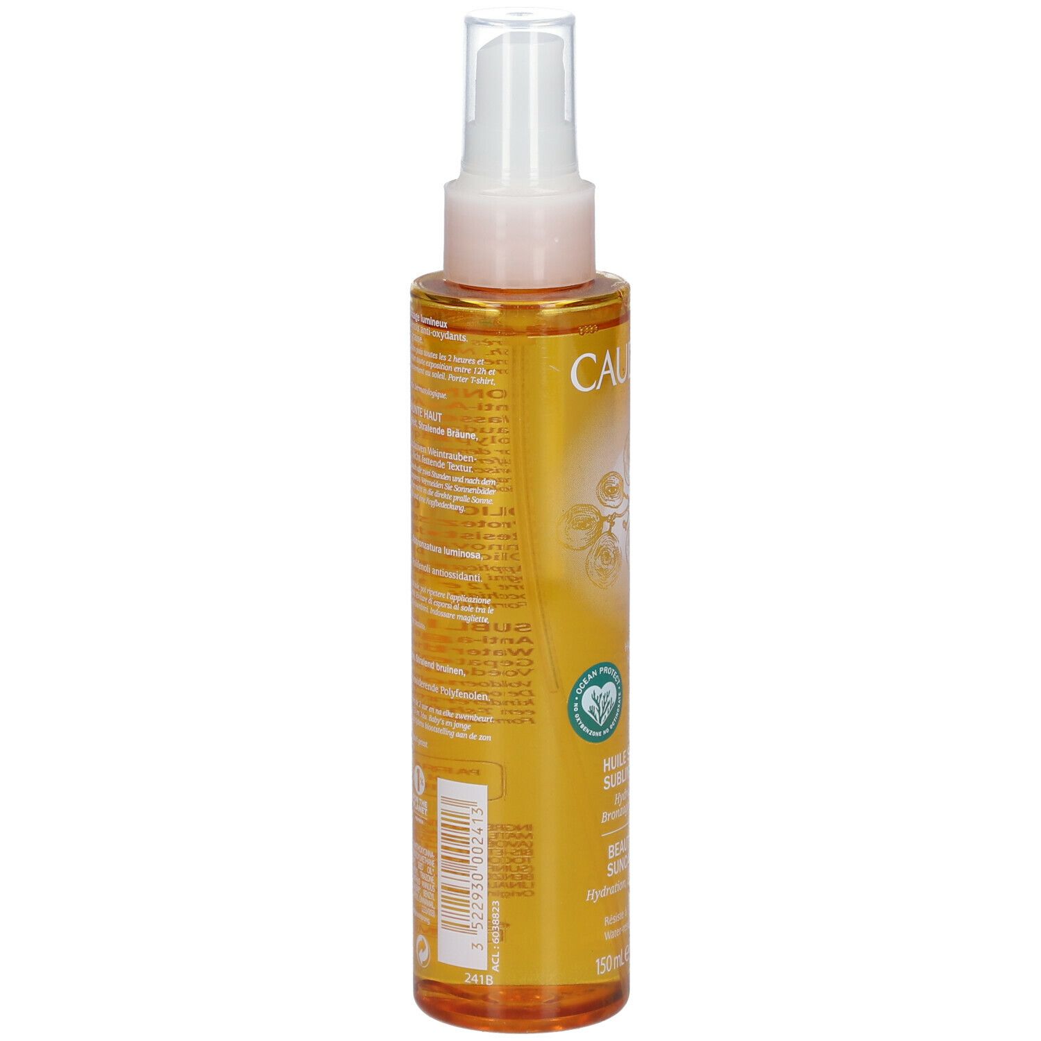 Rückseite der Sonnenöl-Sprayflasche. Gelb-orangefarbenes Öl in einer transparenten Flasche mit weißem Sprühkopf. Text in mehreren Sprachen.