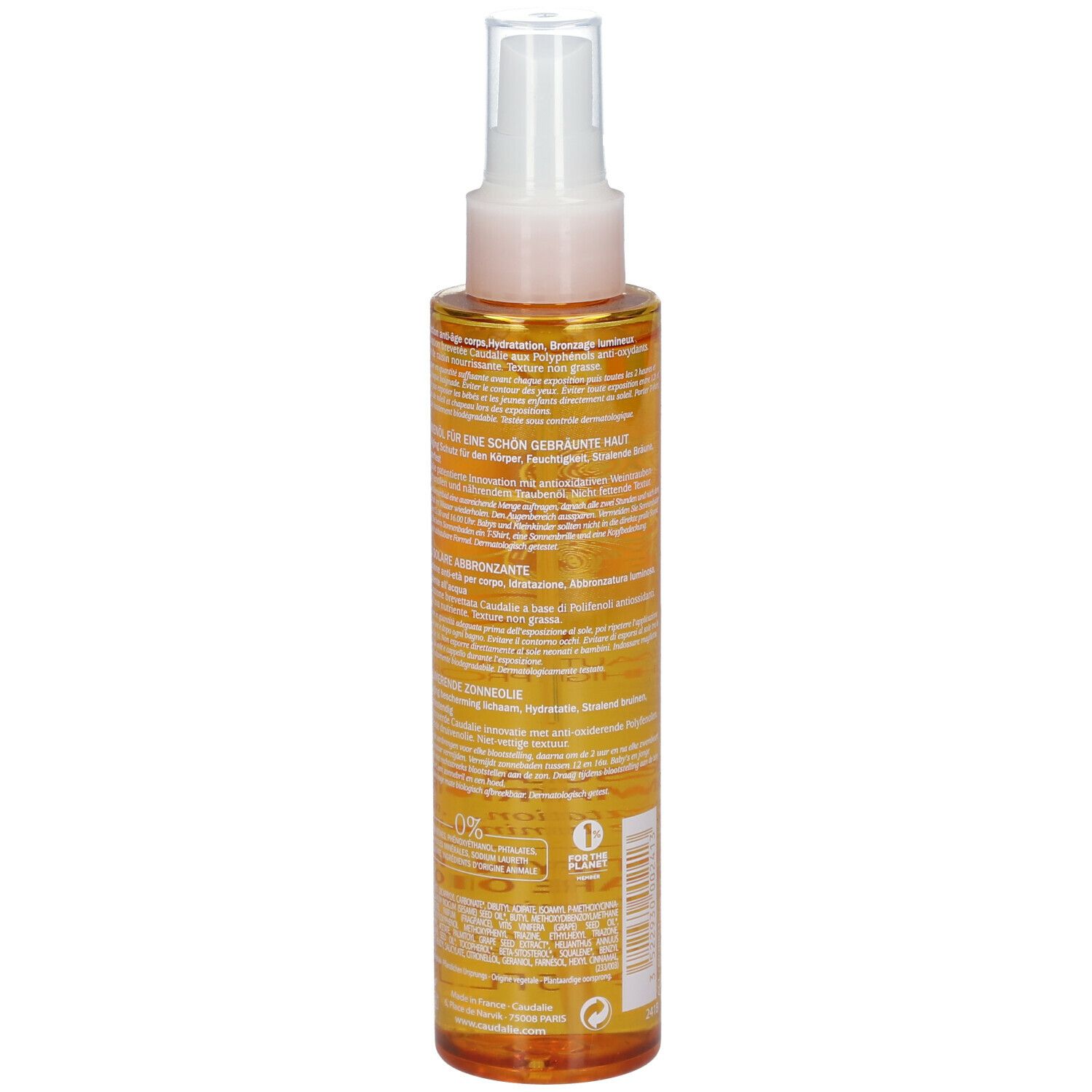 Rückseite der Sonnenöl-Sprayflasche. Gelb-orangefarbenes Öl in einer transparenten Flasche mit weißem Sprühkopf. Text in mehreren Sprachen.
