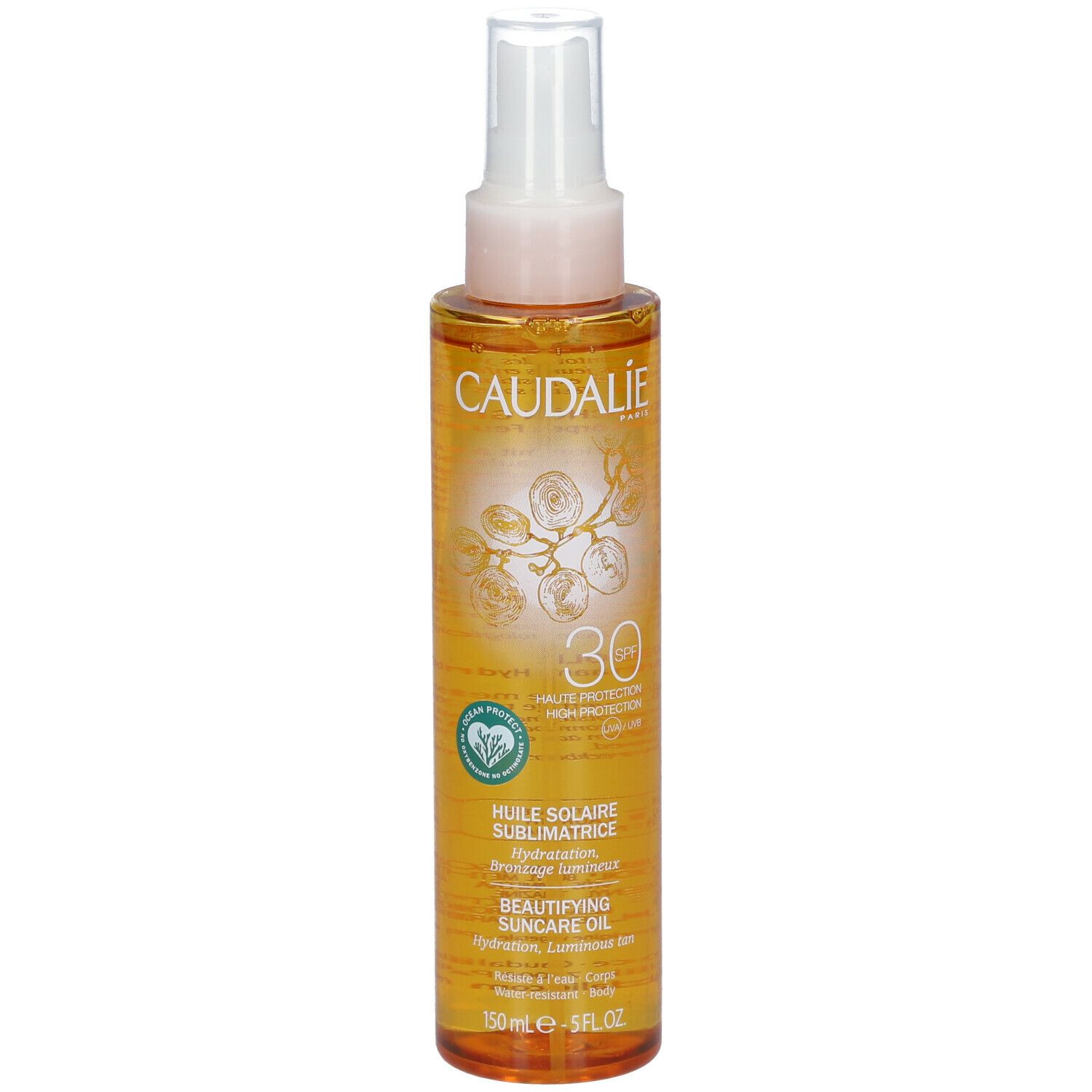 Sonnenöl-Sprayflasche, gelb-orange, mit weißem Sprühkopf. Aufschrift CAUDALIE, LSF 30, Huile Solaire Sublimatrice.