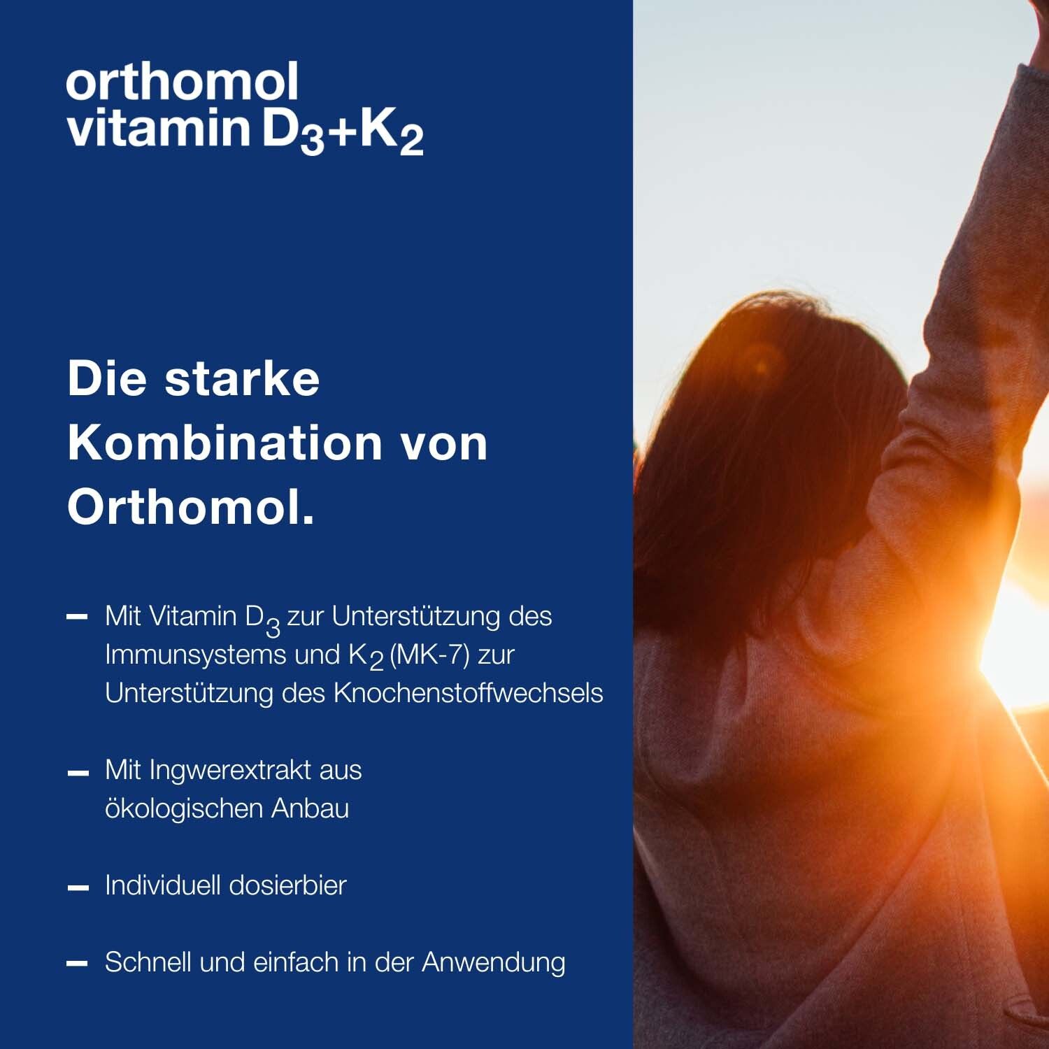 Blauer Hintergrund mit Text: Orthomol Vitamin D3+K2. Auflistung der Vorteile und Inhaltsstoffe.