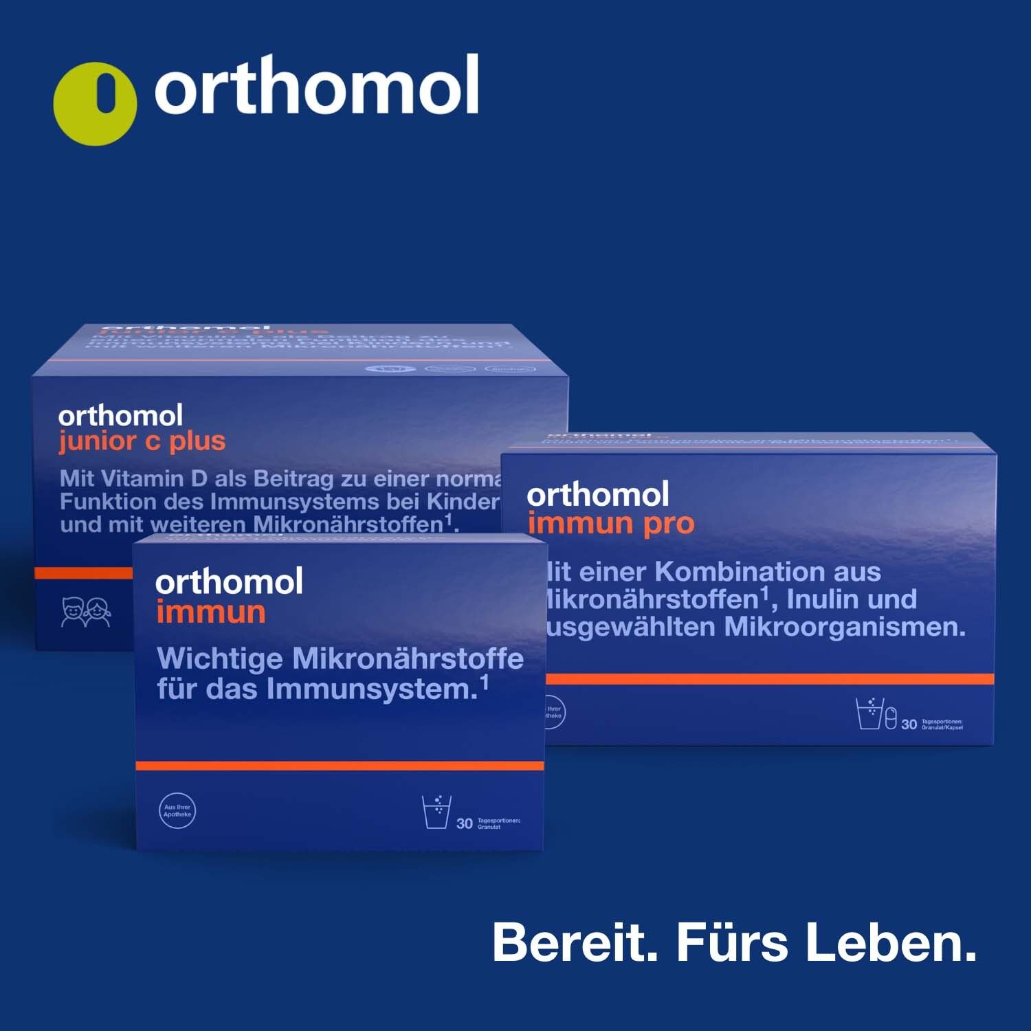 Drei Produktboxen: Orthomol junior c plus, Orthomol immun, Orthomol immun pro. Blau-orange Farbschema.