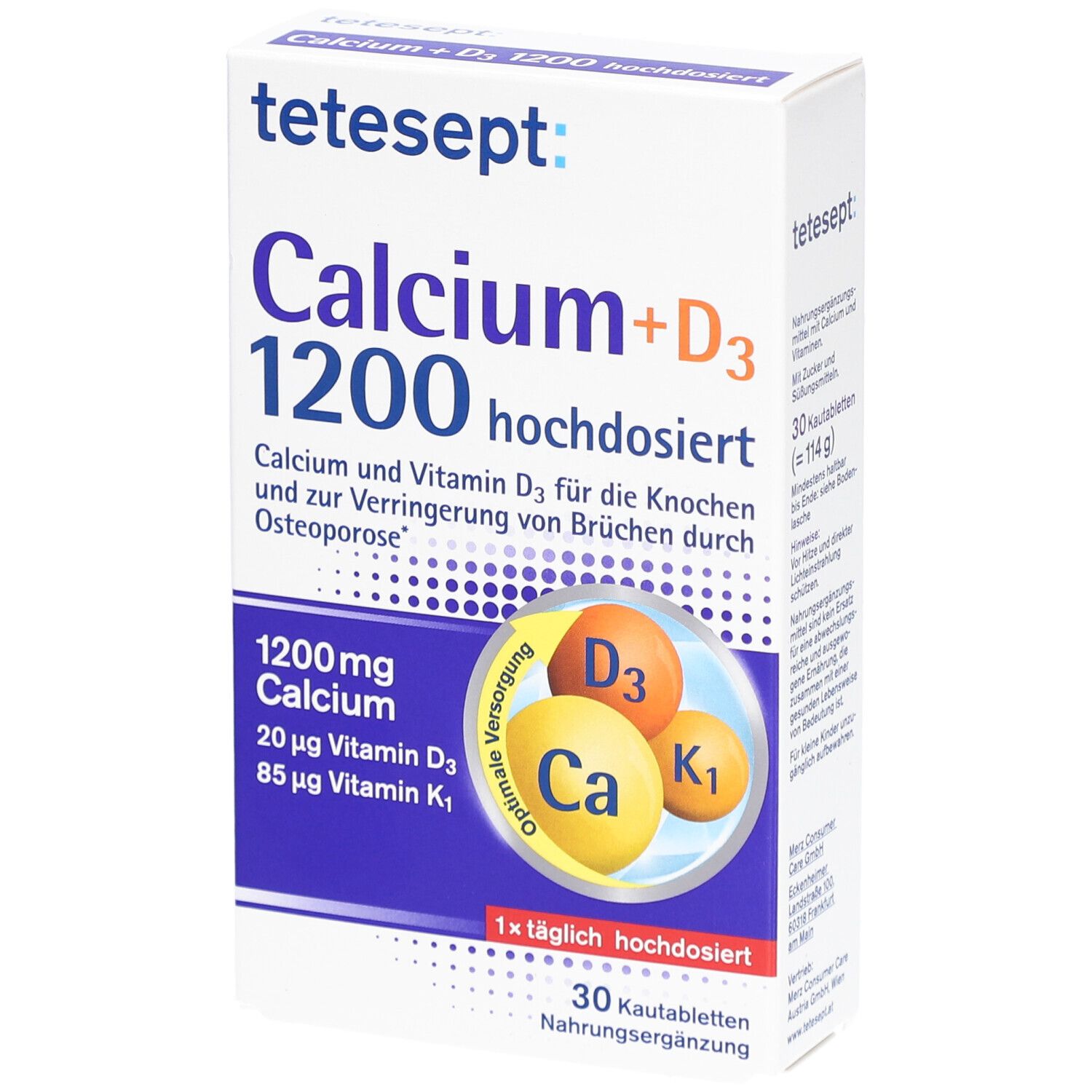 tetesept Calcium+D3 1200 hochdosiert. Weiße Schachtel mit Produktnamen und Inhaltsangaben. 30 Kautabletten. Enthält Calcium, Vitamin D3 und K1.