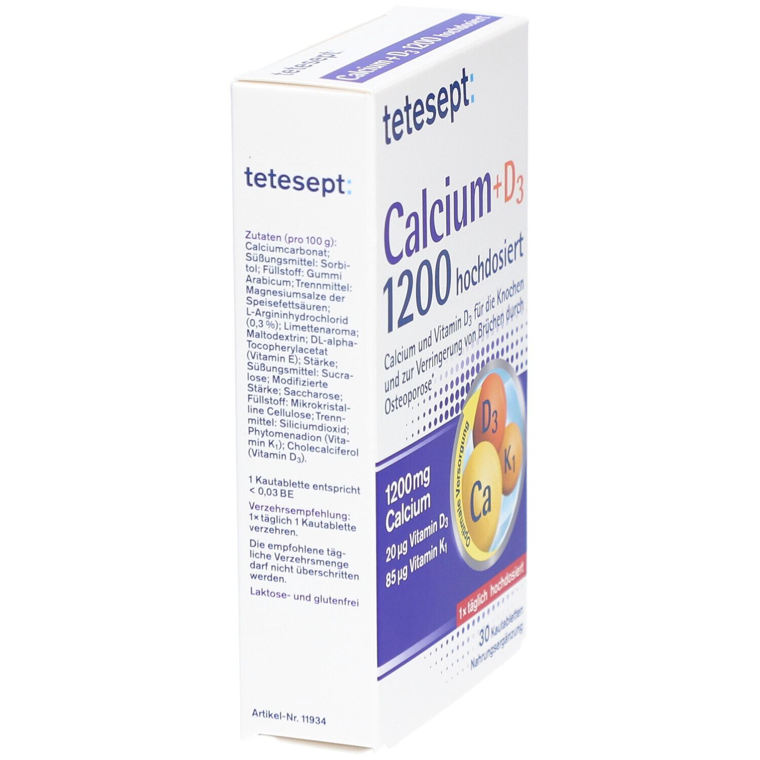 tetesept Calcium+D3 1200 hochdosiert. Weiße Schachtel, Produktname und Inhaltsstoffe. 30 Kautabletten. Seitenansicht mit Text.