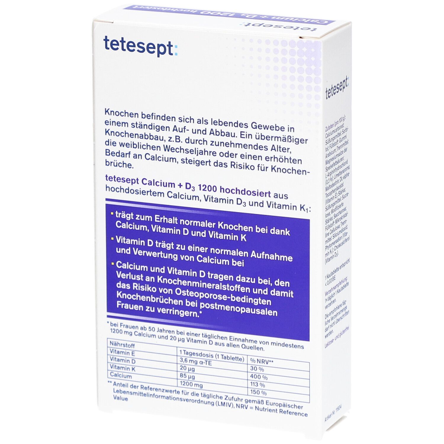 Rückseite der tetesept Calcium+D3 1200 hochdosiert Packung. Text über Knochengesundheit, Calcium, Vitamin D3 und K1. Nährwertangaben.