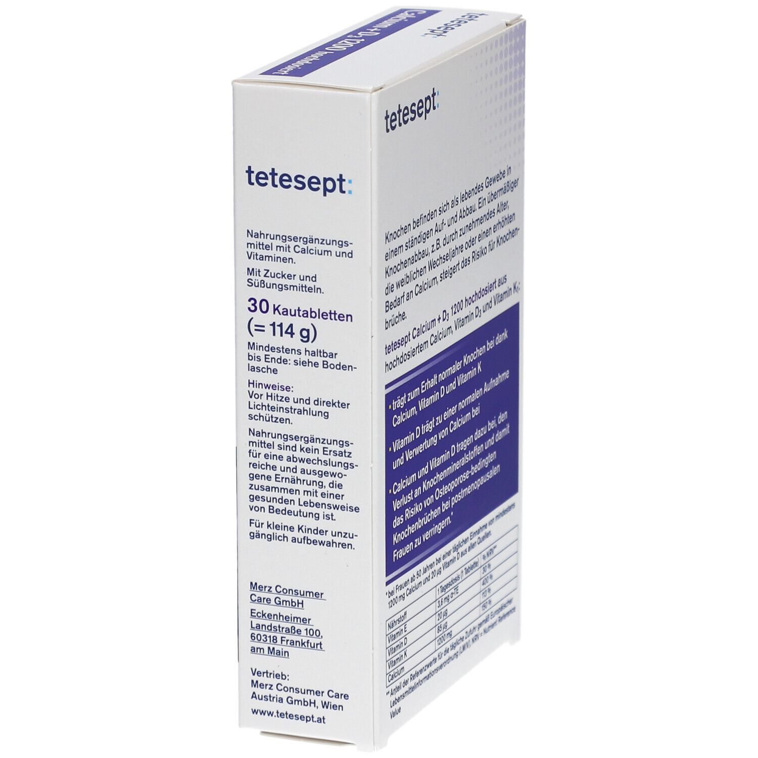tetesept Calcium+D3 1200 hochdosiert Packung. Enthält 30 Kautabletten. Text über Inhaltsstoffe und Hinweise. Herstellerinformationen.