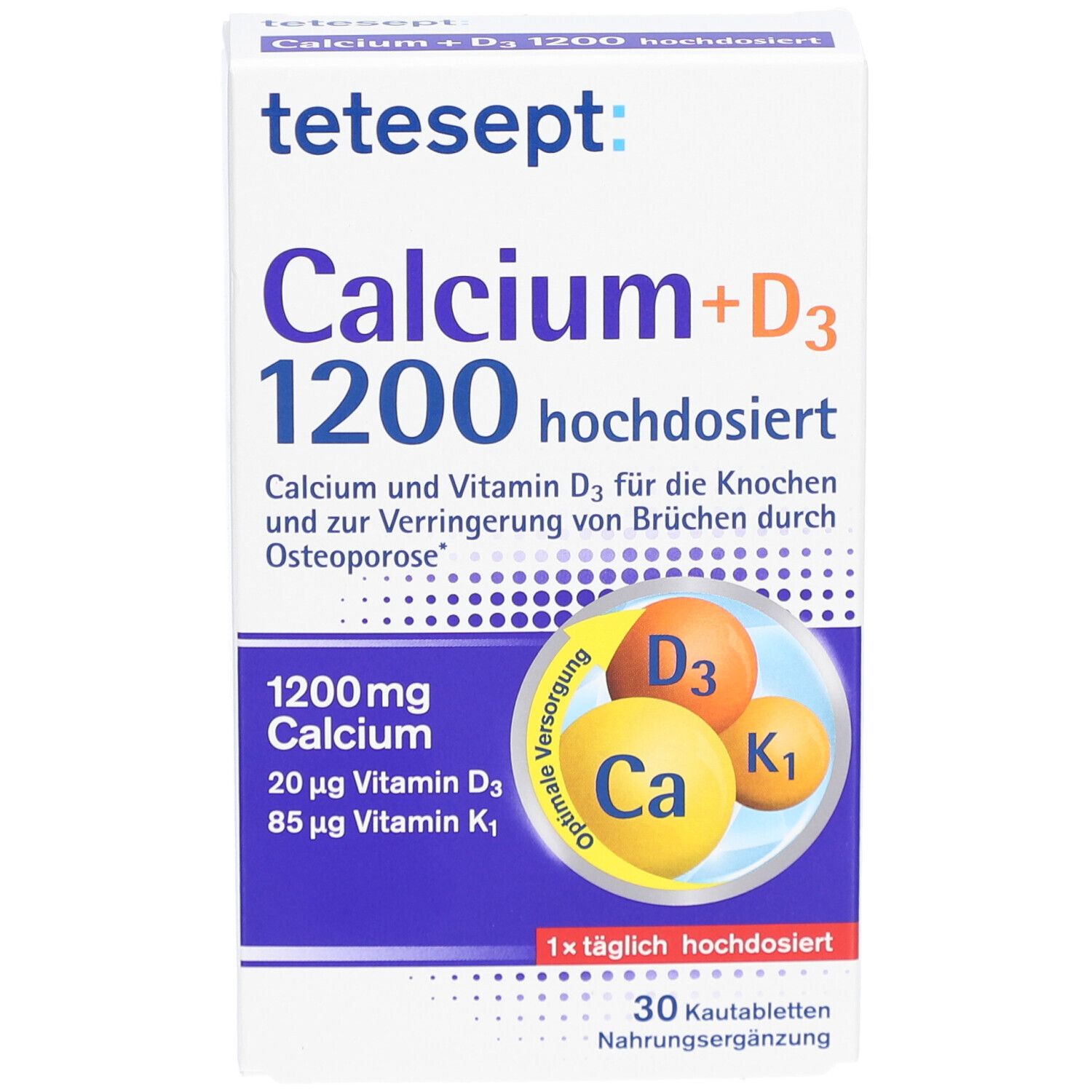 tetesept Calcium+D3 1200 hochdosiert. Weiße Schachtel mit Produktnamen und Inhaltsangaben. 30 Kautabletten. Enthält Calcium, Vitamin D3 und K1.