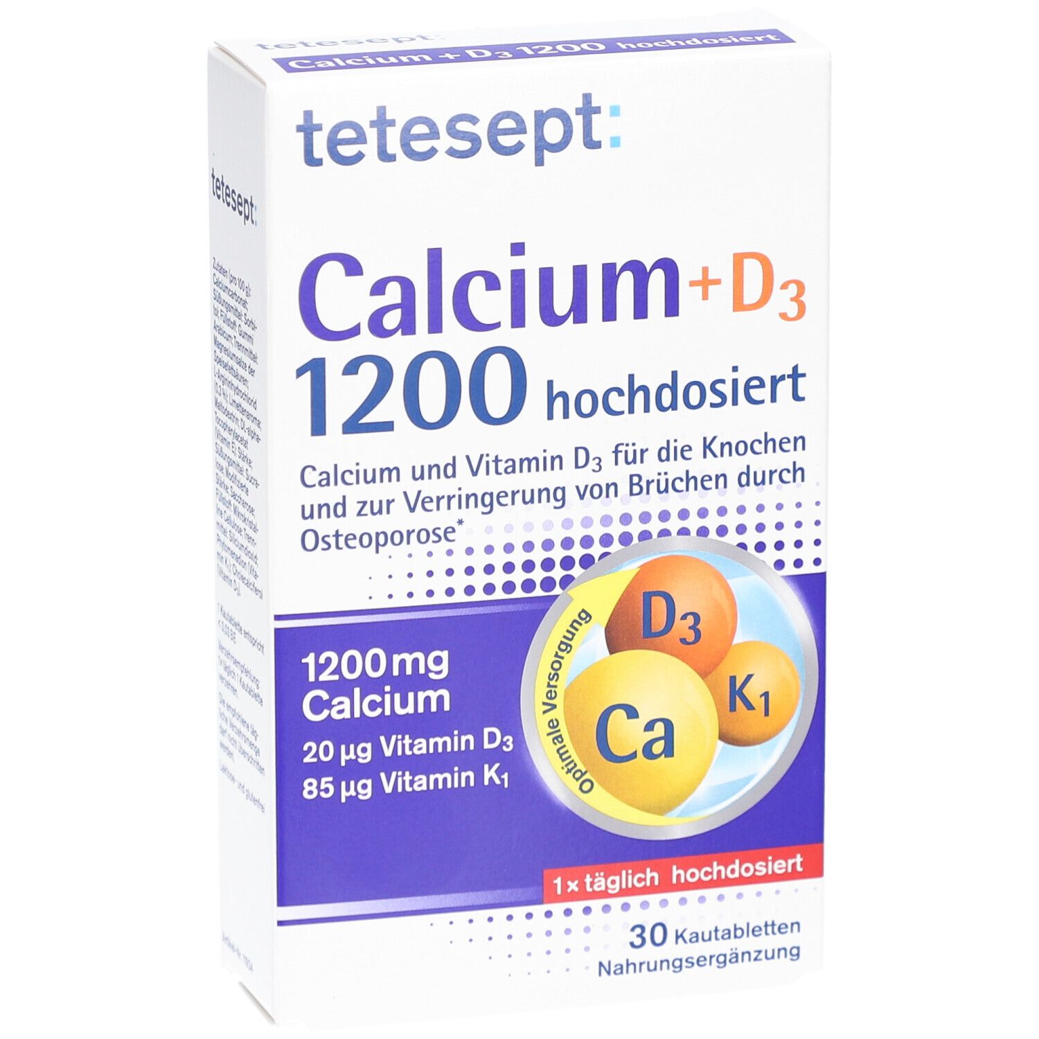 tetesept Calcium+D3 1200 hochdosiert. Weiße Schachtel mit Produktnamen und Inhaltsangaben. 30 Kautabletten. Enthält Calcium, Vitamin D3 und K1.