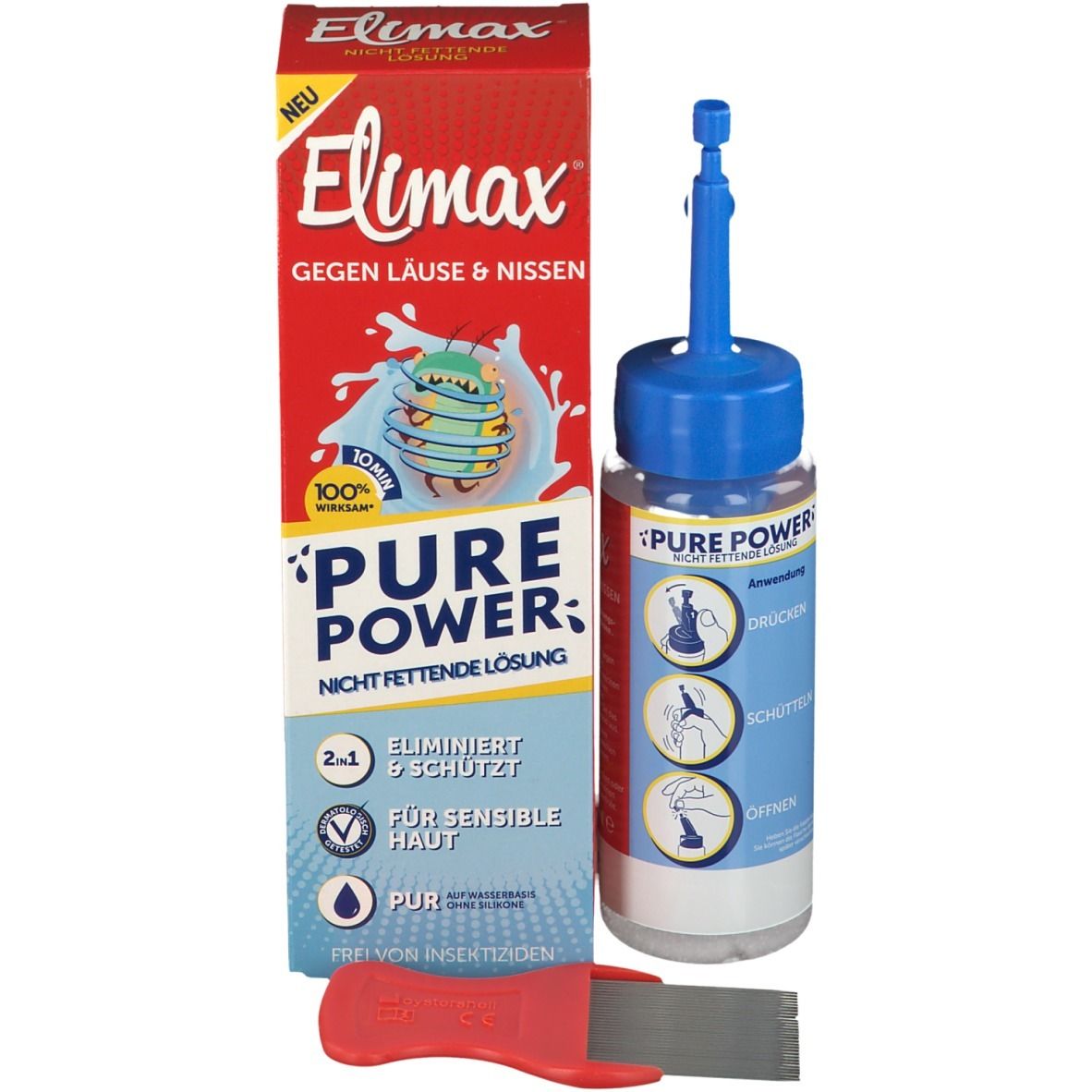 Flasche mit blauem Verschluss, Schachtel, roter Kamm. Aufschrift 'Elimax' und 'PURE POWER'.
