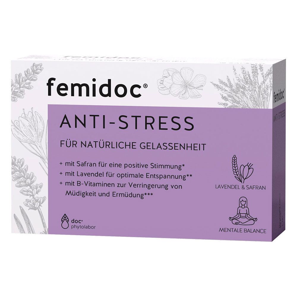 Weiß-lila Schachtel mit "femidoc ANTI-STRESS". Enthält Safran, Lavendel und B-Vitamine. Illustrationen von Pflanzen und einer Person in Meditation.