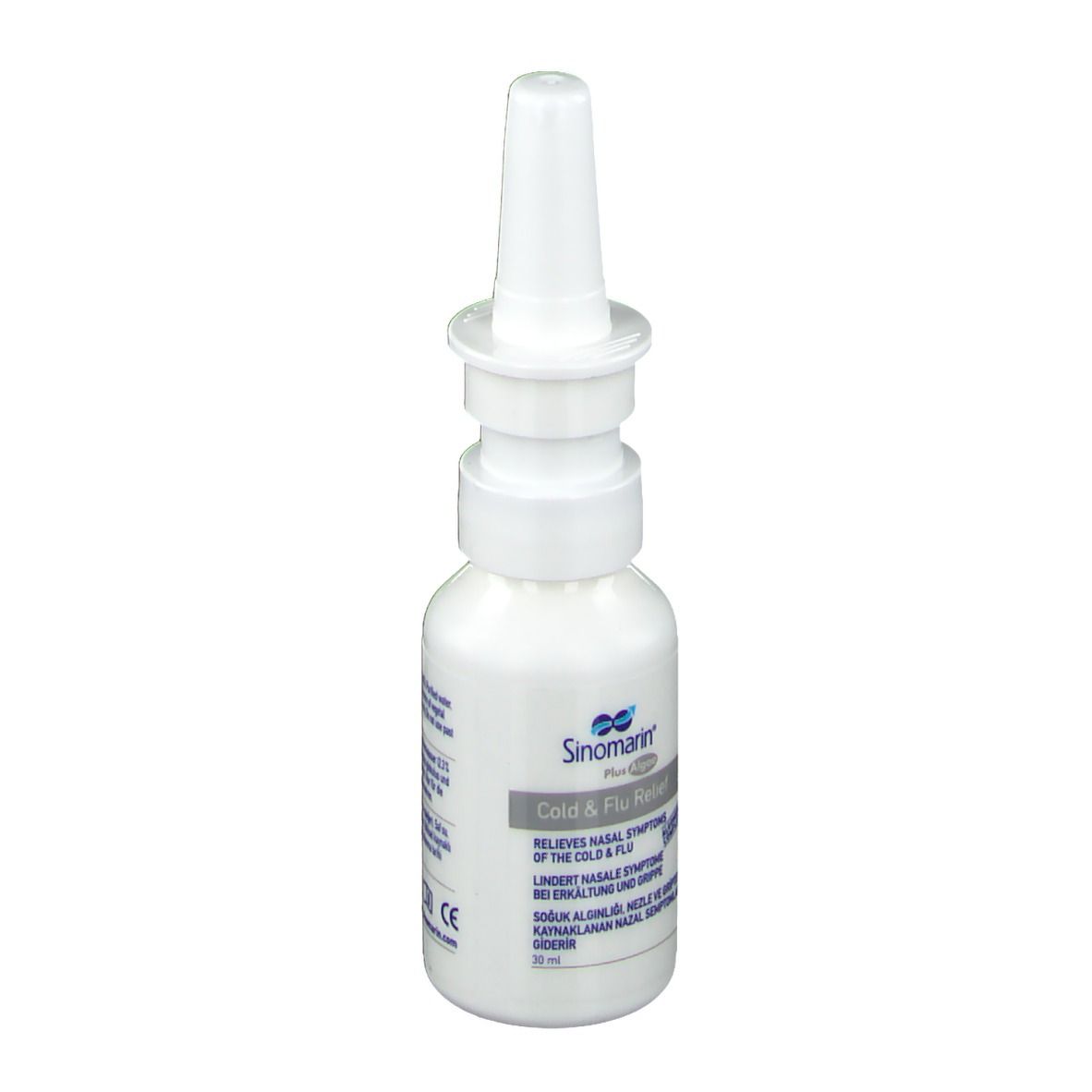 Weiße Nasenspray-Flasche mit Sprühkopf. Beschriftung: Cold & Flu Relief. Enthält Informationen zur Linderung von Erkältungssymptomen. 30 ml.