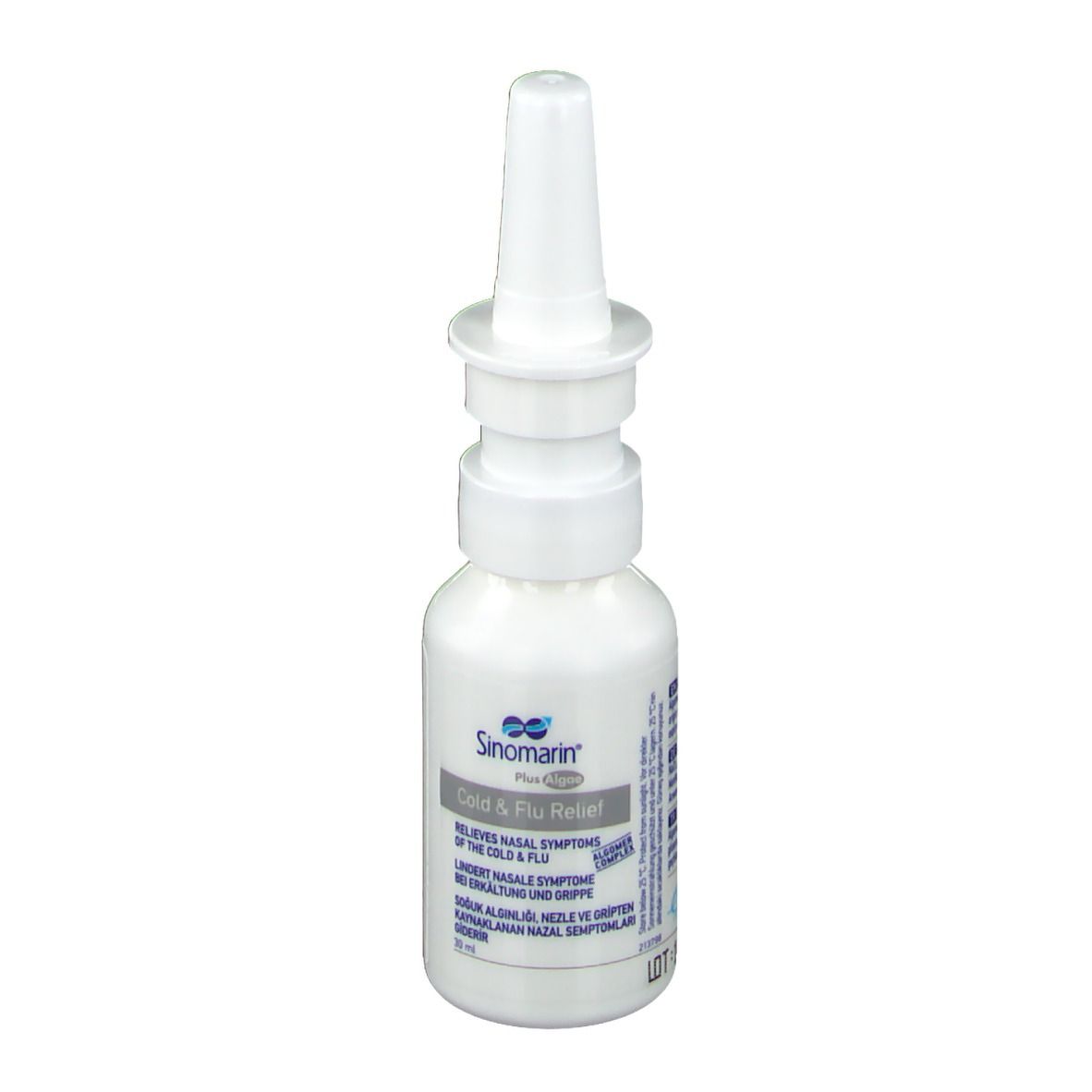 Weiße Nasenspray-Flasche mit Sprühkopf. Beschriftung: Cold & Flu Relief. Enthält Informationen zur Linderung von Erkältungssymptomen. 30 ml.