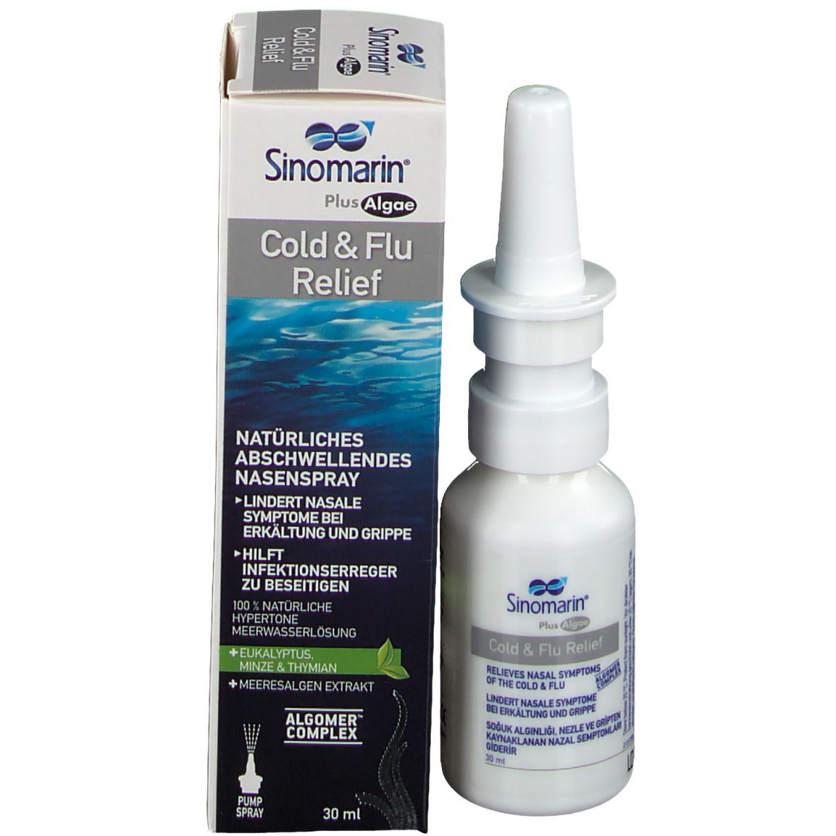Produktverpackung mit Nasenspray-Flasche. Beschriftung: Cold & Flu Relief. Enthält Informationen zur Linderung von Erkältungssymptomen. 30 ml.