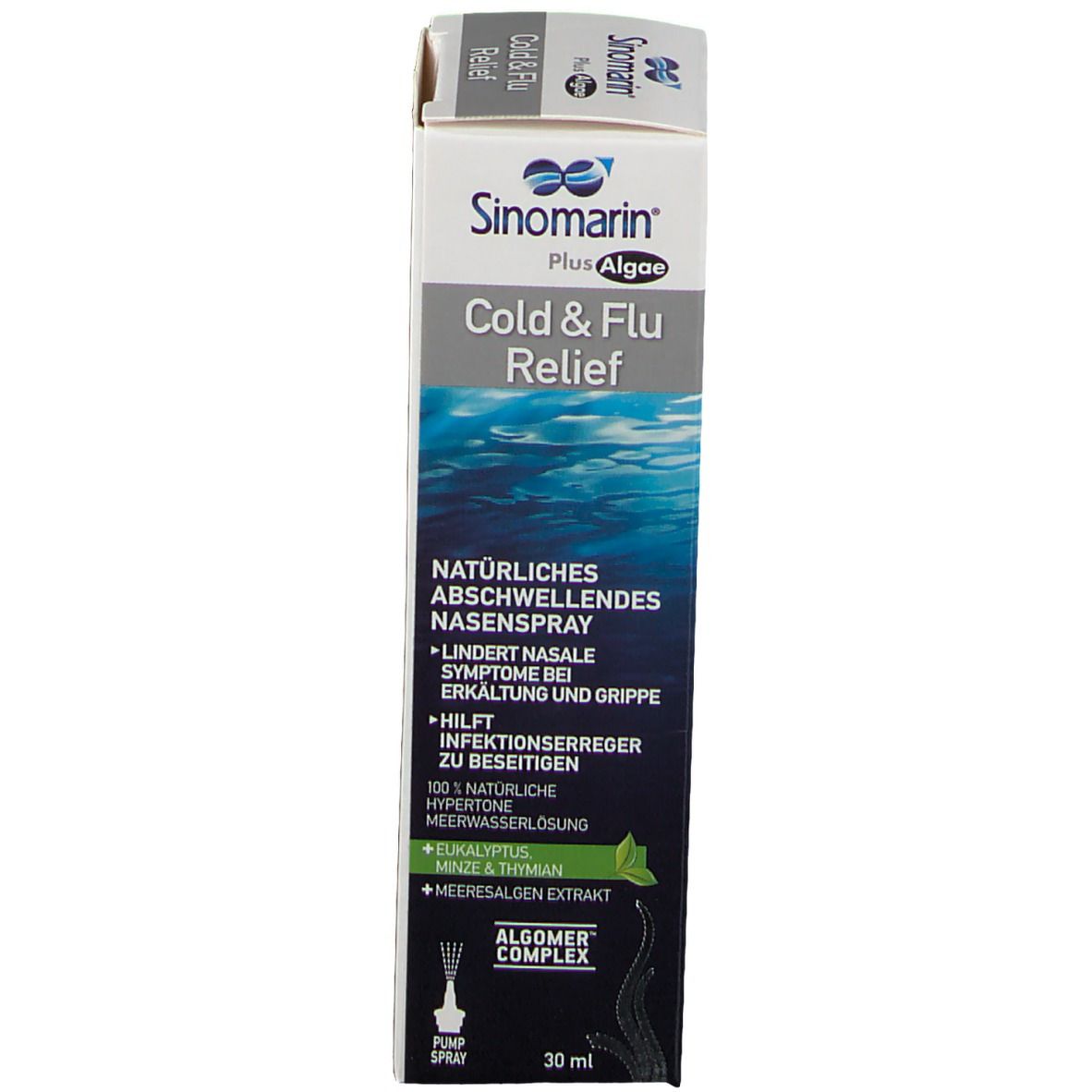 Produktverpackung mit Nasenspray-Flasche. Beschriftung: Cold & Flu Relief. Enthält Informationen zur Linderung von Erkältungssymptomen. 30 ml.